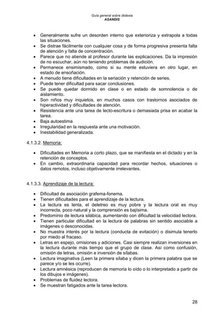 Guía general sobre dislexia
ASANDIS
28
 Generalmente sufre un desorden interno que exterioriza y extrapola a todas
las situaciones.
 Se distrae fácilmente con cualquier cosa y de forma progresiva presenta falta
de atención y falta de concentración.
 Parece que no atiende al profesor durante las explicaciones. Da la impresión
de no escuchar, aún no teniendo problemas de audición.
 Permanece ensimismado, como si su mente estuviera en otro lugar, en
estado de ensoñación.
 A menudo tiene dificultades en la seriación y retención de series.
 Puede tener dificultad para sacar conclusiones.
 Se puede quedar dormido en clase o en estado de somnolencia o de
aislamiento.
 Son niños muy inquietos, en muchos casos con trastornos asociados de
hiperactividad y dificultades de atención.
 Resistencia ante una tarea de lecto-escritura o demasiada prisa en acabar la
tarea.
 Baja autoestima
 Irregularidad en la respuesta ante una motivación.
 Inestabilidad generalizada.
4.1.3.2. Memoria:
 Dificultades en Memoria a corto plazo, que se manifiesta en el dictado y en la
retención de conceptos.
 En cambio, extraordinaria capacidad para recordar hechos, situaciones o
datos remotos, incluso objetivamente irrelevantes.
4.1.3.3. Aprendizaje de la lectura:
 Dificultad de asociación grafema-fonema.
 Tienen dificultades para el aprendizaje de la lectura.
 La lectura es lenta, el deletreo es muy pobre y la lectura oral es muy
incorrecta, poco natural y la comprensión es bajísima.
 Predominio de lectura silábica, aumentando con dificultad la velocidad lectora.
 Tienen particular dificultad en la lectura de palabras sin sentido asociable a
imágenes o desconocidas.
 No muestra interés por la lectura (conducta de evitación) o disimula tenerlo
por miedo al fracaso.
 Letras en espejo, omisiones y adiciones. Casi siempre realizan inversiones en
la lectura durante más tiempo que el grupo de clase. Así como confusión,
omisión de letras, omisión e inversión de sílabas.
 Lectura imaginativa (Leen la primera sílaba y dicen la primera palabra que se
parece y/o se les ocurre).
 Lectura amnésica (reproducen de memoria lo oído o lo interpretado a partir de
los dibujos e imágenes).
 Problemas de fluidez lectora.
 Se muestran fatigados ante la tarea lectora.
 
