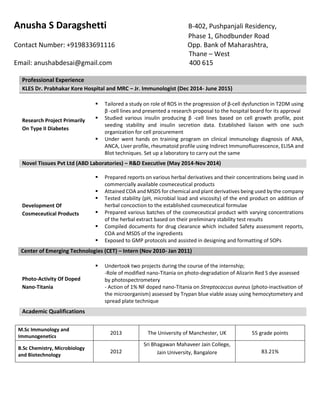 Anusha S Daragshetti B-402, Pushpanjali Residency,
Phase 1, Ghodbunder Road
Contact Number: +919833691116 Opp. Bank of Maharashtra,
Thane – West
Email: anushabdesai@gmail.com 400 615
Professional Experience
KLES Dr. Prabhakar Kore Hospital and MRC – Jr. Immunologist (Dec 2014- June 2015)
Research Project Primarily
On Type II Diabetes
 Tailored a study on role of ROS in the progression of β-cell dysfunction in T2DM using
β -cell lines and presented a research proposal to the hospital board for its approval
 Studied various insulin producing β -cell lines based on cell growth profile, post
seeding stability and insulin secretion data. Established liaison with one such
organization for cell procurement
 Under went hands on training program on clinical immunology diagnosis of ANA,
ANCA, Liver profile, rheumatoid profile using Indirect Immunofluorescence, ELISA and
Blot techniques. Set up a laboratory to carry out the same
Novel Tissues Pvt Ltd (ABD Laboratories) – R&D Executive (May 2014-Nov 2014)
Development Of
Cosmeceutical Products
 Prepared reports on various herbal derivatives and their concentrations being used in
commercially available cosmeceutical products
 Attained COA and MSDS for chemical and plant derivatives being used by the company
 Tested stability (pH, microbial load and viscosity) of the end product on addition of
herbal concoction to the established cosmeceutical formulae
 Prepared various batches of the cosmeceutical product with varying concentrations
of the herbal extract based on their preliminary stability test results
 Compiled documents for drug clearance which included Safety assessment reports,
COA and MSDS of the ingredients
 Exposed to GMP protocols and assisted in designing and formatting of SOPs
Center of Emerging Technologies (CET) – Intern (Nov 2010- Jan 2011)
Photo-Activity Of Doped
Nano-Titania
 Undertook two projects during the course of the internship;
-Role of modified nano-Titania on photo-degradation of Alizarin Red S dye assessed
by photospectrometery
- Action of 1% NF doped nano-Titania on Streptococcus aureus (photo-inactivation of
the microorganism) assessed by Trypan blue viable assay using hemocytometery and
spread plate technique
Academic Qualifications
M.Sc Immunology and
Immunogenetics
2013 The University of Manchester, UK 55 grade points
B.Sc Chemistry, Microbiology
and Biotechnology
2012
Sri Bhagawan Mahaveer Jain College,
Jain University, Bangalore 83.21%
 