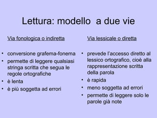 Lettura: modello a due vie
Via fonologica o indiretta
• conversione grafema-fonema
• permette di leggere qualsiasi
stringa scritta che segua le
regole ortografiche
• è lenta
• è più soggetta ad errori
Via lessicale o diretta
• prevede l’accesso diretto al
lessico ortografico, cioè alla
rappresentazione scritta
della parola
• è rapida
• meno soggetta ad errori
• permette di leggere solo le
parole già note
 