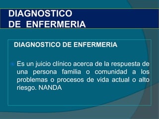 DIAGNOSTICO
DE ENFERMERIA

DIAGNOSTICO DE ENFERMERIA

   Es un juicio clínico acerca de la respuesta de
    una persona familia o comunidad a los
    problemas o procesos de vida actual o alto
    riesgo. NANDA
 