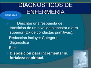 DIAGNOSTICOS DE
BIENESTAR
               ENFERMERIA
      Describe una respuesta de
  transición de un nivel de bienestar a otro
  superior (Dx de conductas primitivas).
 Redacción incluye: Categoría
  diagnostica
 Ejm:
 Disposición para incrementar su
  fortaleza espiritual.
 