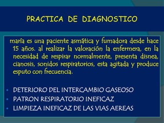 PRACTICA DE DIAGNOSTICO

    maría es una paciente asmática y fumadora desde hace
     15 años. al realizar la valoración la enfermera, en la
     necesidad de respirar normalmente, presenta disnea,
     cianosis, sonidos respiratorios, esta agitada y produce
     esputo con frecuencia.

 DETERIORO DEL INTERCAMBIO GASEOSO
 PATRON RESPIRATORIO INEFICAZ
 LIMPIEZA INEFICAZ DE LAS VIAS AEREAS
 
