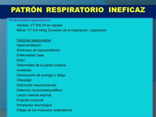 Profundidad respiratoria:
    Adultos: VT 500 ml en reposo
    Niños: VT 6-8 ml/kg Duración de la inspiración / espiración

     Factores relacionados:
     Hiperventilación
     Síndrome de hipoventilación
     Enfermedad ósea
     Dolor
     Deformidad de la pared torácica
     Ansiedad
     Disminución de energía o fatiga
     Obesidad
     Disfunción neuromuscular
     Deterioro musculoesquelético
     Lesión médula espinal
     Posición corporal
     Inmadurez neurológica
     Fatiga de los músculos respiratorios
 
