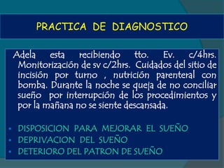 PRACTICA DE DIAGNOSTICO

    Adela    esta   recibiendo    tto.   Ev.   c/4hrs.
     Monitorización de sv c/2hrs. Cuidados del sitio de
     incisión por turno , nutrición parenteral con
     bomba. Durante la noche se queja de no conciliar
     sueño por interrupción de los procedimientos y
     por la mañana no se siente descansada.

 DISPOSICION PARA MEJORAR EL SUEÑO
 DEPRIVACION DEL SUEÑO
 DETERIORO DEL PATRON DE SUEÑO
 