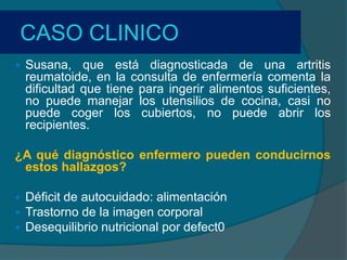 CASO CLINICO
   Susana, que está diagnosticada de una artritis
    reumatoide, en la consulta de enfermería comenta la
    dificultad que tiene para ingerir alimentos suficientes,
    no puede manejar los utensilios de cocina, casi no
    puede coger los cubiertos, no puede abrir los
    recipientes.

¿A qué diagnóstico enfermero pueden conducirnos
 estos hallazgos?

   Déficit de autocuidado: alimentación
   Trastorno de la imagen corporal
   Desequilibrio nutricional por defect0
 