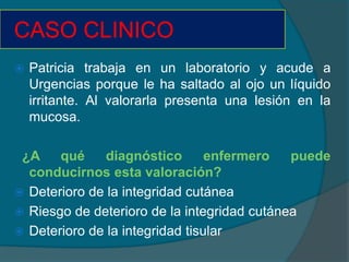 CASO CLINICO
   Patricia trabaja en un laboratorio y acude a
    Urgencias porque le ha saltado al ojo un líquido
    irritante. Al valorarla presenta una lesión en la
    mucosa.

 ¿A    qué     diagnóstico       enfermero   puede
  conducirnos esta valoración?
 Deterioro de la integridad cutánea
 Riesgo de deterioro de la integridad cutánea
 Deterioro de la integridad tisular
 