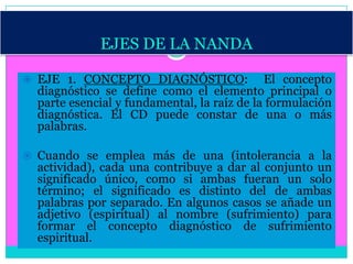EJES DE LA NANDA

 EJE 1. CONCEPTO DIAGNÓSTICO:               El concepto
  diagnóstico se define como el elemento principal o
  parte esencial y fundamental, la raíz de la formulación
  diagnóstica. El CD puede constar de una o más
  palabras.

 Cuando se emplea más de una (intolerancia a la
  actividad), cada una contribuye a dar al conjunto un
  significado único, como si ambas fueran un solo
  término; el significado es distinto del de ambas
  palabras por separado. En algunos casos se añade un
  adjetivo (espiritual) al nombre (sufrimiento) para
  formar el concepto diagnóstico de sufrimiento
  espiritual.
 