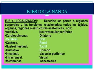 EJES DE LA NANDA

EJE 4. LOCALIZACION:         Describe las partes o regiones
corporales y las funciones relacionadas: todos los tejidos,
órganos, regiones o estructuras anatómicas, son:
•Auditivo.               Neurovascular periférico
•Cardiopulmonar.         Olfatorio
•Cerebral.               Oral
•Cutáneo.                Renal
•Gastrointestinal.       Táctil
•Gustativo.              Urinario
•Intestinal.             Vascular periférico
•Intracraneal.           Visual
•Membranas               Cenestesica
 
