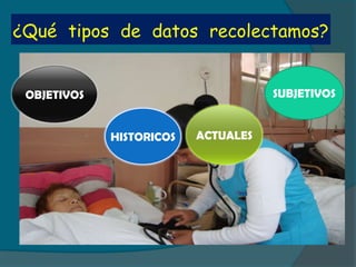 ¿Qué tipos de datos recolectamos?


 OBJETIVOS                           SUBJETIVOS


             HISTORICOS   ACTUALES
 