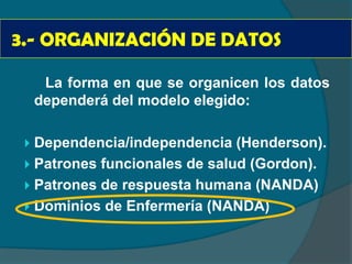 3.- ORGANIZACIÓN DE DATOS

      La forma en que se organicen los datos
     dependerá del modelo elegido:

  Dependencia/independencia (Henderson).
  Patrones funcionales de salud (Gordon).
  Patrones de respuesta humana (NANDA)
  Dominios de Enfermería (NANDA)
 