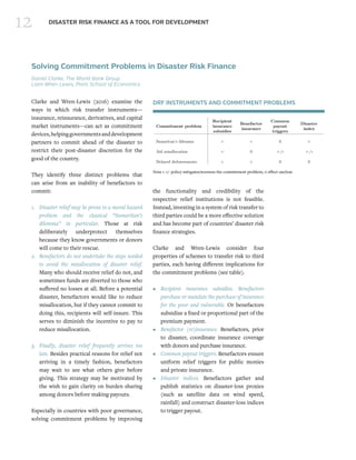 12 DISASTER RISK FINANCE AS A TOOL FOR DEVELOPMENT
Solving Commitment Problems in Disaster Risk Finance
Daniel Clarke, The World Bank Group
Liam Wren-Lewis, Paris School of Economics
Clarke and Wren-Lewis (2016) examine the
ways in which risk transfer instruments—
insurance, reinsurance, derivatives, and capital
market instruments—can act as commitment
devices,helpinggovernmentsanddevelopment
partners to commit ahead of the disaster to
restrict their post-disaster discretion for the
good of the country.
They identify three distinct problems that
can arise from an inability of benefactors to
commit:
1.	 Disaster relief may be prone to a moral hazard
problem and the classical “Samaritan’s
dilemma” in particular. Those at risk
deliberately underprotect themselves
because they know governments or donors
will come to their rescue.
2.	 Benefactors do not undertake the steps needed
to avoid the misallocation of disaster relief.
Many who should receive relief do not, and
sometimes funds are diverted to those who
suffered no losses at all. Before a potential
disaster, benefactors would like to reduce
misallocation, but if they cannot commit to
doing this, recipients will self-insure. This
serves to diminish the incentive to pay to
reduce misallocation.
3.	 Finally, disaster relief frequently arrives too
late. Besides practical reasons for relief not
arriving in a timely fashion, benefactors
may wait to see what others give before
giving. This strategy may be motivated by
the wish to gain clarity on burden sharing
among donors before making payouts.
Especially in countries with poor governance,
solving commitment problems by improving
the functionality and credibility of the
respective relief institutions is not feasible.
Instead, investing in a system of risk transfer to
third parties could be a more effective solution
and has become part of countries’ disaster risk
finance strategies.
Clarke and Wren-Lewis consider four
properties of schemes to transfer risk to third
parties, each having different implications for
the commitment problems (see table).
•	Recipient insurance subsidies. Benefactors
purchase or mandate the purchase of insurance
for the poor and vulnerable. Or benefactors
subsidize a fixed or proportional part of the
premium payment.
•	 Benefactor (re)insurance. Benefactors, prior
to disaster, coordinate insurance coverage
with donors and purchase insurance.
•	 Common payout triggers. Benefactors ensure
uniform relief triggers for public monies
and private insurance.
•	 Disaster indices. Benefactors gather and
publish statistics on disaster-loss proxies
(such as satellite data on wind speed,
rainfall) and construct disaster-loss indices
to trigger payout.
Note 1 +/- policy mitigates/worsens the commitment problem, 0 effect unclear.
6 Conclusions
Using the model built in this paper, we have been able to analyse a number of commitment
problems arising in disaster risk ﬁnance. One important result to note from this analysis
is that the eﬀects of these various commitment problems frequently diﬀer. For instance,
whilst the Samaritan’s dilemma causes recipients to protect themselves too little, fear of aid
misallocation may result in them protecting themselves in ineﬃcient ways. As a result, we
cannot recommend a single solution as being appropriate for all situations. Instead, it is
important to diagnose which commitment problems are most severe and then choose the
system of disaster risk ﬁnance that is most adapted.
Table 1 provides a ﬁrst attempt to try to categorize how policies involving private risk
ﬁnance may interact with various commitment problems. Pluses represent cases where a
policy should mitigate a commitment problem, minuses cases where the policy may worsen
such a commitment problem, and zeros mean it is not clear there would be any impact.
Table 1: Private ﬁnance solutions for commitment problems
Commitment problem
Recipient
insurance
subsidies
Benefactor
insurance
Common
payout
triggers
Disaster
index
Samaritan’s dilemma + + 0 +
Aid misallocation + 0 +/- +/-
Delayed disbursements + + 0 0
The Samaritan’s dilemma can be mitigated by insurance for recipients or by insurance for
benefactors. Recipient insurance decreases the need for discretionary aid, whilst benefactors
can simultaneously invest in disaster insurance, to provide ﬁnance when it is needed, and
reduce their access to more discretionary contingency funds and lines of credit, to increase
the marginal cost of post-disaster ﬁnance. Disaster indices may also help, though only if they
are suﬃciently accurate that benefactors are then not suﬃciently motivated to learn the true
needs of recipients.
A simple way to reduce aid misallocation is through subsidizing recipient insurance, assum-
ing that the private sector is reliable enough not to misallocate. Combining payout triggers
21
DRF INSTRUMENTS AND COMMITMENT PROBLEMS
 