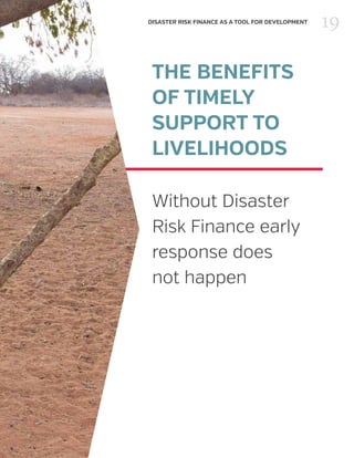 19DISASTER RISK FINANCE AS A TOOL FOR DEVELOPMENT
THE BENEFITS
OF TIMELY
SUPPORT TO
LIVELIHOODS
Without Disaster
Risk Finance early
response does
not happen
 