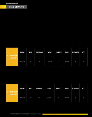12 WORLD GROUP Co. MIDDLE EAST Company Profile
www.wgcme.com
Combine Excellence with Elegance
An art work of advance high tech devoted to maintaining a superior class of machinery index
combining elegance with excellence. Ecco Drive 90 is an industrial measured icon fully equipped
with the latest, safest, analysis and operation features all builds in covering engine and radiator
side.
Product ID - CSFM-ED 90 T- 02010
CT-ED-E90
JPF-T-FS
Flow PSI Thermal Volt Safety Body Fittings Acc*
90 L/M 20 √ 220 V √ Metal √ √
Product ID - CSFM-ED 90 C- 02010
CT-ED-E90
JPF-T-FS
Flow PSI Thermal Volt Safety Body Fittings Acc*
90 L/M 20 Ø 220 V √ Metal √ √
* Accessories
ECCO DRIVE 90
 