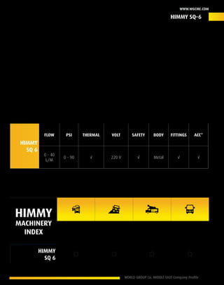 WORLD GROUP Co. MIDDLE EAST Company Profile 19
www.wgcme.com
The New Born Legend
A new family member joined our products series and services The HIMMY SQ-6 Automatic
transmission flushing machines, The HIMMY SERIES establish a new era covers most of the new
vehicle requirements in Addition, for the latest technology build in in term of low maintenance and
Operating cost with a friendly operating system. Where it can perform a total Flushing solution for
any vehicle type or any automatic transmission model New or old. The HIMMY SQ-6 meets today’s
requirements.
Product ID - ATFM –H-SQ-6-20145
Himmy
SQ 6
Flow PSI Thermal Volt Safety Body Fittings Acc*
0 - 40
L/M
0 - 90 √ 220 V √ Metal √ √
* Accessories
himmy
machinery
index Cars 4X4 Service Bus
Himmy
SQ 6
HIMMY SQ-6
 