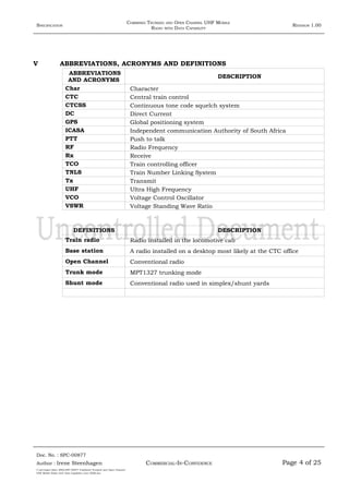 SPECIFICATION
COMBINED TRUNKED AND OPEN CHANNEL UHF MOBILE
RADIO WITH DATA CAPABILITY
REVISION 1.00
V ABBREVIATIONS, ACRONYMS AND DEFINITIONS
ABBREVIATIONS
AND ACRONYMS
DESCRIPTION
Char Character
CTC Central train control
CTCSS Continuous tone code squelch system
DC Direct Current
GPS Global positioning system
ICASA Independent communication Authority of South Africa
PTT Push to talk
RF Radio Frequency
Rx Receive
TCO Train controlling officer
TNLS Train Number Linking System
Tx Transmit
UHF Ultra High Frequency
VCO Voltage Control Oscillator
VSWR Voltage Standing Wave Ratio
DEFINITIONS DESCRIPTION
Train radio Radio installed in the locomotive cab
Base station A radio installed on a desktop most likely at the CTC office
Open Channel Conventional radio
Trunk mode MPT1327 trunking mode
Shunt mode Conventional radio used in simplex/shunt yards
Doc. No. : SPC-00877
COMMERCIAL-IN-CONFIDENCEAuthor : Irene Steenhagen Page 4 of 25
I:adttspecSpec (ISO)SPC-00877 Combined Trunked and Open Channel
UHF Mobile Radio with Data Capability (Jun 2006).doc
,,,,
 