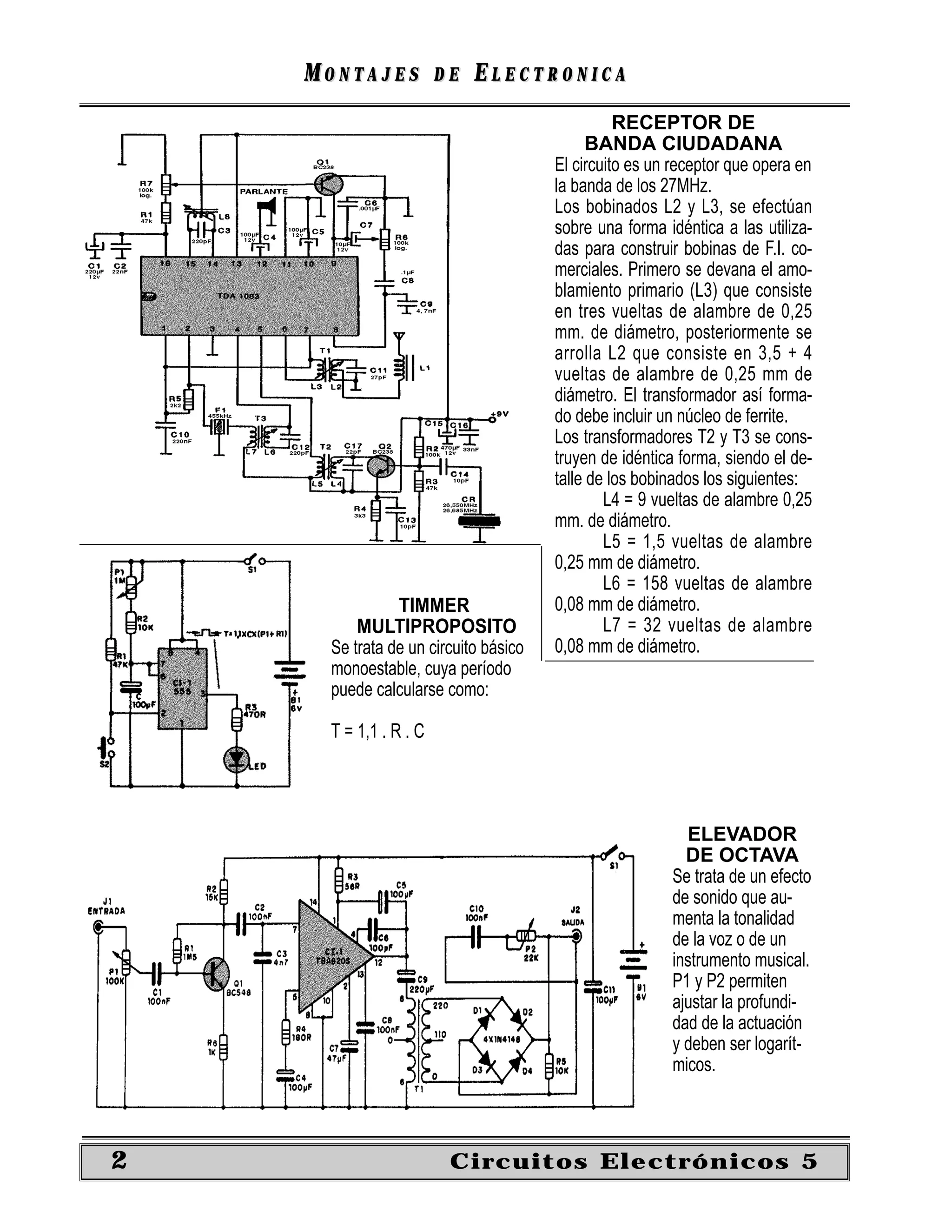 MONTAJES           DE   ELECTRONICA
                                                RECEPTOR DE
                                            BANDA CIUDADANA
                                      El circuito es un receptor que opera en
                                      la banda de los 27MHz.
                                      Los bobinados L2 y L3, se efectúan
                                      sobre una forma idéntica a las utiliza-
                                      das para construir bobinas de F.I. co-
                                      merciales. Primero se devana el amo-
                                      blamiento primario (L3) que consiste
                                      en tres vueltas de alambre de 0,25
                                      mm. de diámetro, posteriormente se
                                      arrolla L2 que consiste en 3,5 + 4
                                      vueltas de alambre de 0,25 mm de
                                      diámetro. El transformador así forma-
                                      do debe incluir un núcleo de ferrite.
                                      Los transformadores T2 y T3 se cons-
                                      truyen de idéntica forma, siendo el de-
                                      talle de los bobinados los siguientes:
                                              L4 = 9 vueltas de alambre 0,25
                                      mm. de diámetro.
                                              L5 = 1,5 vueltas de alambre
                                      0,25 mm de diámetro.
                                              L6 = 158 vueltas de alambre
               TIMMER                 0,08 mm de diámetro.
         MULTIPROPOSITO                       L7 = 32 vueltas de alambre
     Se trata de un circuito básico   0,08 mm de diámetro.
     monoestable, cuya período
     puede calcularse como:

     T = 1,1 . R . C




                                                         ELEVADOR
                                                         DE OCTAVA
                                                       Se trata de un efecto
                                                       de sonido que au-
                                                       menta la tonalidad
                                                       de la voz o de un
                                                       instrumento musical.
                                                       P1 y P2 permiten
                                                       ajustar la profundi-
                                                       dad de la actuación
                                                       y deben ser logarít-
                                                       micos.



2                       Circuitos Electrónicos 5
 