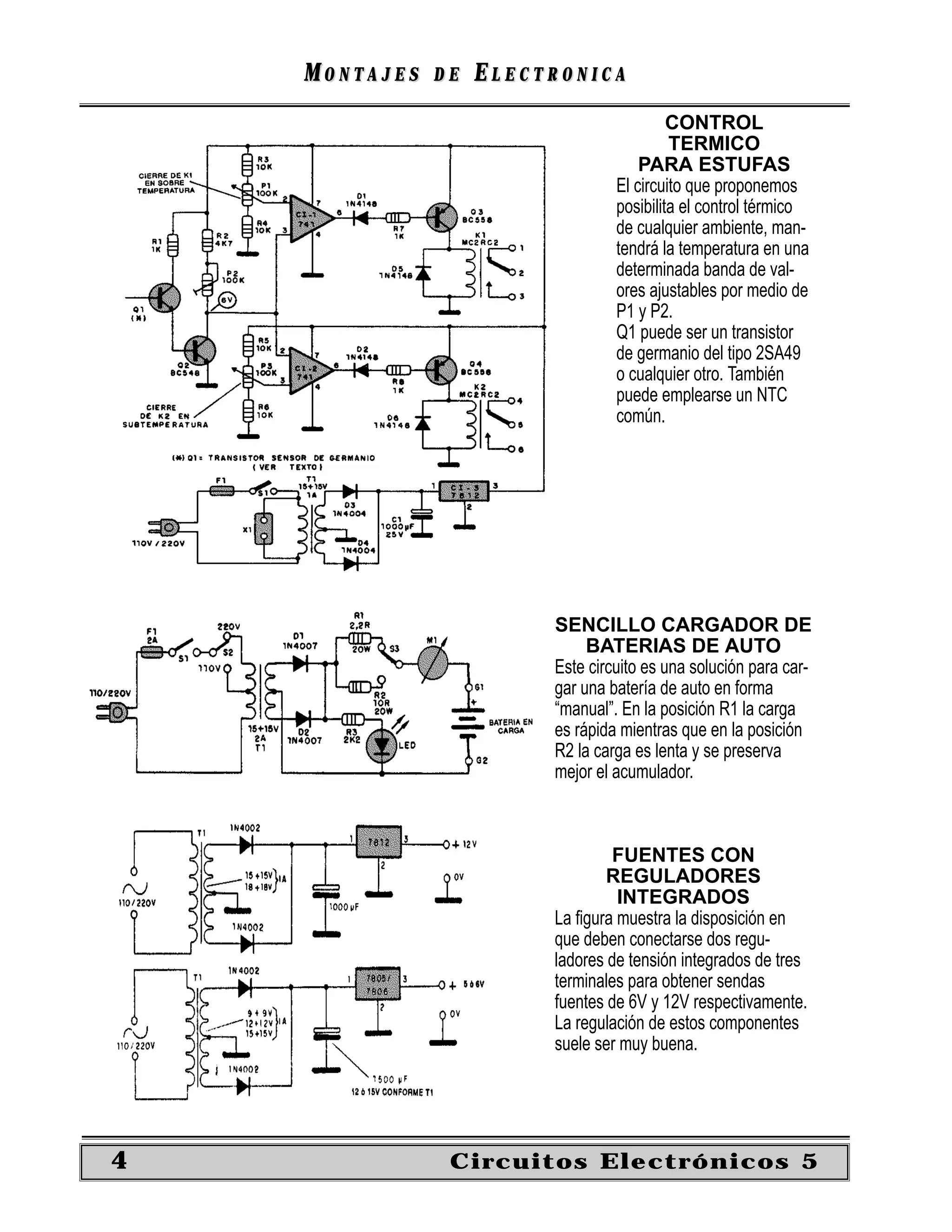 MONTAJES   DE   ELECTRONICA
                                           CONTROL
                                           TERMICO
                                      PARA ESTUFAS
                                  El circuito que proponemos
                                  posibilita el control térmico
                                  de cualquier ambiente, man-
                                  tendrá la temperatura en una
                                  determinada banda de val-
                                  ores ajustables por medio de
                                  P1 y P2.
                                  Q1 puede ser un transistor
                                  de germanio del tipo 2SA49
                                  o cualquier otro. También
                                  puede emplearse un NTC
                                  común.




                         SENCILLO CARGADOR DE
                              BATERIAS DE AUTO
                         Este circuito es una solución para car-
                         gar una batería de auto en forma
                         “manual”. En la posición R1 la carga
                         es rápida mientras que en la posición
                         R2 la carga es lenta y se preserva
                         mejor el acumulador.



                                 FUENTES CON
                                 REGULADORES
                                  INTEGRADOS
                         La ﬁgura muestra la disposición en
                         que deben conectarse dos regu-
                         ladores de tensión integrados de tres
                         terminales para obtener sendas
                         fuentes de 6V y 12V respectivamente.
                         La regulación de estos componentes
                         suele ser muy buena.




4               Circuitos Electrónicos 5
 