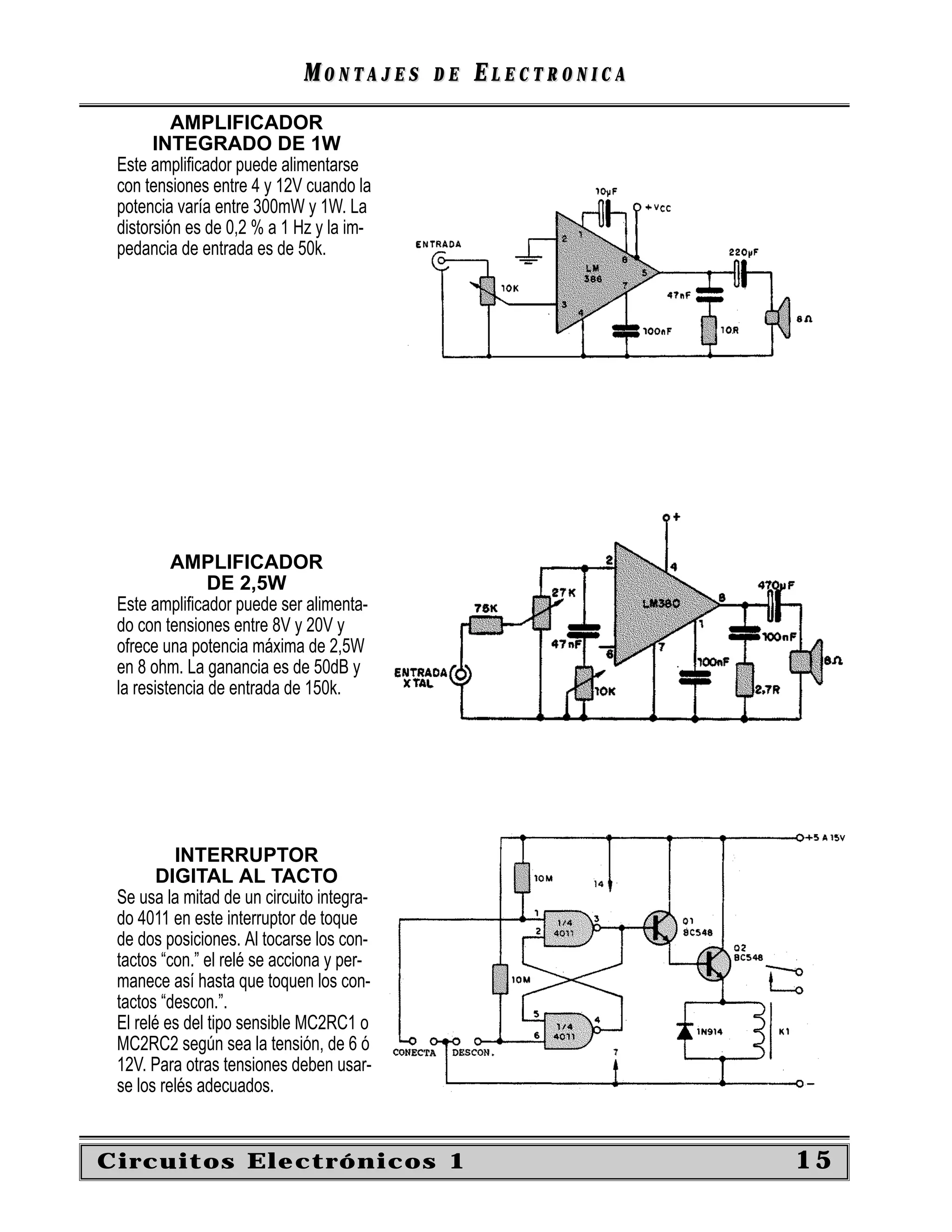 MONTAJES      DE   ELECTRONICA
          AMPLIFICADOR
       INTEGRADO DE 1W
 Este ampliﬁcador puede alimentarse
 con tensiones entre 4 y 12V cuando la
 potencia varía entre 300mW y 1W. La
 distorsión es de 0,2 % a 1 Hz y la im-
 pedancia de entrada es de 50k.




          AMPLIFICADOR
                DE 2,5W
 Este ampliﬁcador puede ser alimenta-
 do con tensiones entre 8V y 20V y
 ofrece una potencia máxima de 2,5W
 en 8 ohm. La ganancia es de 50dB y
 la resistencia de entrada de 150k.




          INTERRUPTOR
        DIGITAL AL TACTO
 Se usa la mitad de un circuito integra-
 do 4011 en este interruptor de toque
 de dos posiciones. Al tocarse los con-
 tactos “con.” el relé se acciona y per-
 manece así hasta que toquen los con-
 tactos “descon.”.
 El relé es del tipo sensible MC2RC1 o
 MC2RC2 según sea la tensión, de 6 ó
 12V. Para otras tensiones deben usar-
 se los relés adecuados.


Circuitos Electrónicos 1                                      15
 