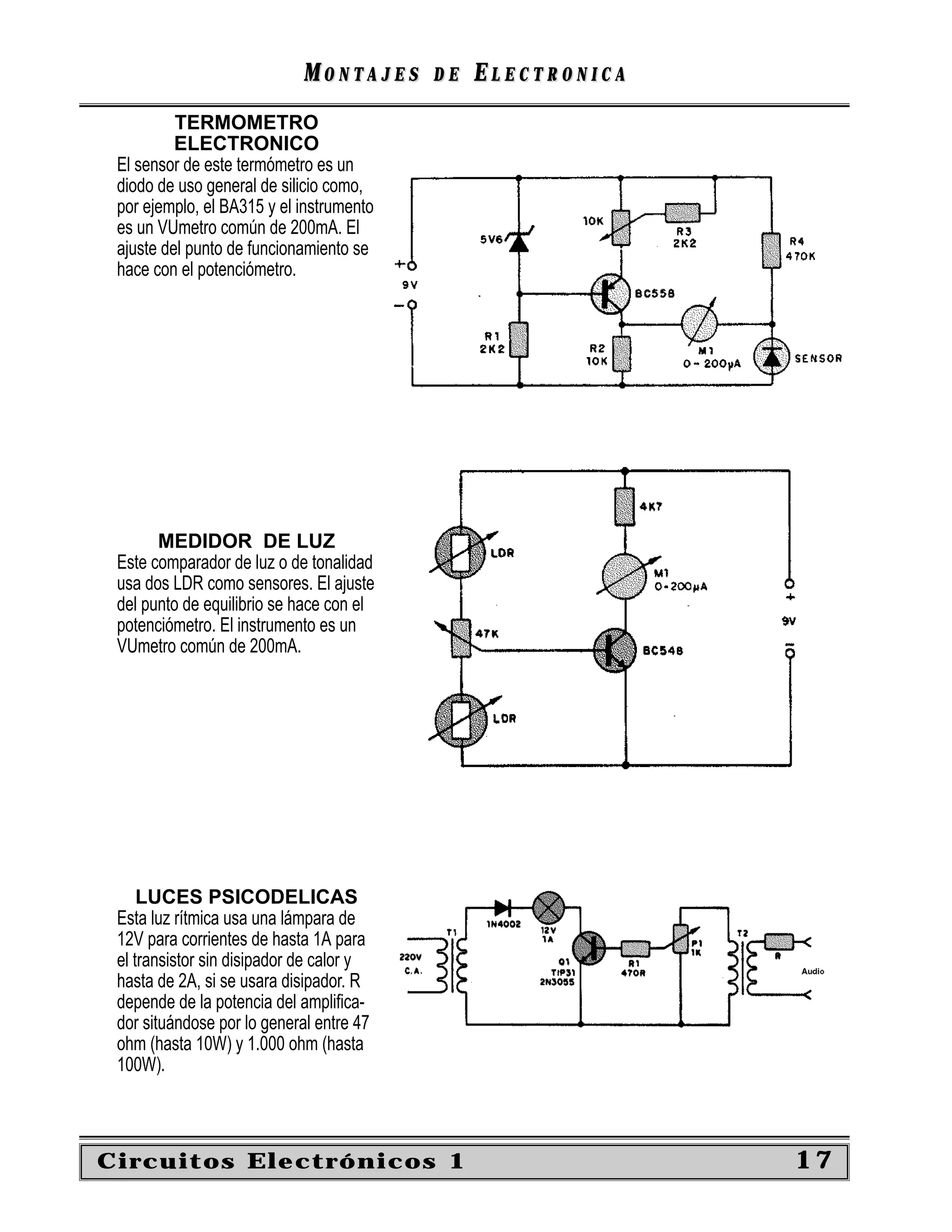 MONTAJES     DE   ELECTRONICA
          TERMOMETRO
          ELECTRONICO
 El sensor de este termómetro es un
 diodo de uso general de silicio como,
 por ejemplo, el BA315 y el instrumento
 es un VUmetro común de 200mA. El
 ajuste del punto de funcionamiento se
 hace con el potenciómetro.




       MEDIDOR DE LUZ
 Este comparador de luz o de tonalidad
 usa dos LDR como sensores. El ajuste
 del punto de equilibrio se hace con el
 potenciómetro. El instrumento es un
 VUmetro común de 200mA.




     LUCES PSICODELICAS
 Esta luz rítmica usa una lámpara de
 12V para corrientes de hasta 1A para
 el transistor sin disipador de calor y
 hasta de 2A, si se usara disipador. R
 depende de la potencia del ampliﬁca-
 dor situándose por lo general entre 47
 ohm (hasta 10W) y 1.000 ohm (hasta
 100W).



Circuitos Electrónicos 1                                     17
 