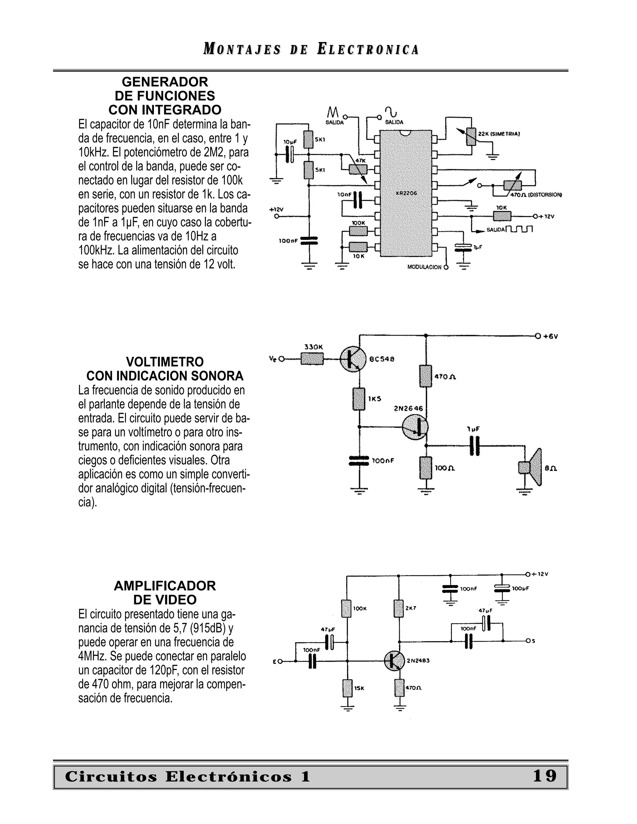 MONTAJES      DE   ELECTRONICA
            GENERADOR
          DE FUNCIONES
         CON INTEGRADO
 El capacitor de 10nF determina la ban-
 da de frecuencia, en el caso, entre 1 y
 10kHz. El potenciómetro de 2M2, para
 el control de la banda, puede ser co-
 nectado en lugar del resistor de 100k
 en serie, con un resistor de 1k. Los ca-
 pacitores pueden situarse en la banda
 de 1nF a 1µF, en cuyo caso la cobertu-
 ra de frecuencias va de 10Hz a
 100kHz. La alimentación del circuito
 se hace con una tensión de 12 volt.




            VOLTIMETRO
   CON INDICACION SONORA
 La frecuencia de sonido producido en
 el parlante depende de la tensión de
 entrada. El circuito puede servir de ba-
 se para un voltímetro o para otro ins-
 trumento, con indicación sonora para
 ciegos o deﬁcientes visuales. Otra
 aplicación es como un simple converti-
 dor analógico digital (tensión-frecuen-
 cia).




          AMPLIFICADOR
               DE VIDEO
 El circuito presentado tiene una ga-
 nancia de tensión de 5,7 (915dB) y
 puede operar en una frecuencia de
 4MHz. Se puede conectar en paralelo
 un capacitor de 120pF, con el resistor
 de 470 ohm, para mejorar la compen-
 sación de frecuencia.




Circuitos Electrónicos 1                                       19
 