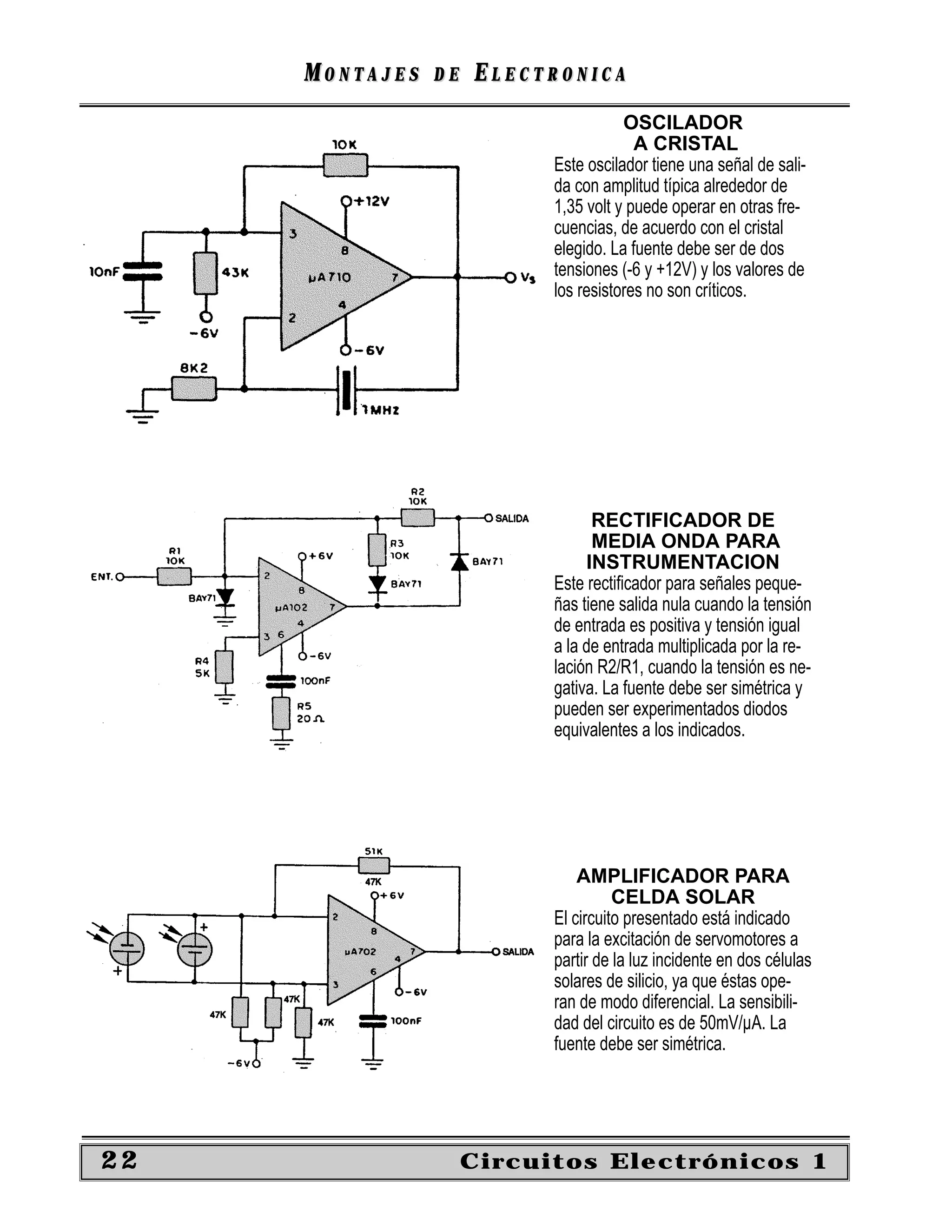 MONTAJES   DE   ELECTRONICA
                                      OSCILADOR
                                        A CRISTAL
                           Este oscilador tiene una señal de sali-
                           da con amplitud típica alrededor de
                           1,35 volt y puede operar en otras fre-
                           cuencias, de acuerdo con el cristal
                           elegido. La fuente debe ser de dos
                           tensiones (-6 y +12V) y los valores de
                           los resistores no son críticos.




                                 RECTIFICADOR DE
                                 MEDIA ONDA PARA
                                INSTRUMENTACION
                           Este rectiﬁcador para señales peque-
                           ñas tiene salida nula cuando la tensión
                           de entrada es positiva y tensión igual
                           a la de entrada multiplicada por la re-
                           lación R2/R1, cuando la tensión es ne-
                           gativa. La fuente debe ser simétrica y
                           pueden ser experimentados diodos
                           equivalentes a los indicados.




                               AMPLIFICADOR PARA
                                     CELDA SOLAR
                           El circuito presentado está indicado
                           para la excitación de servomotores a
                           partir de la luz incidente en dos células
                           solares de silicio, ya que éstas ope-
                           ran de modo diferencial. La sensibili-
                           dad del circuito es de 50mV/µA. La
                           fuente debe ser simétrica.




22                   Circuitos Electrónicos 1
 