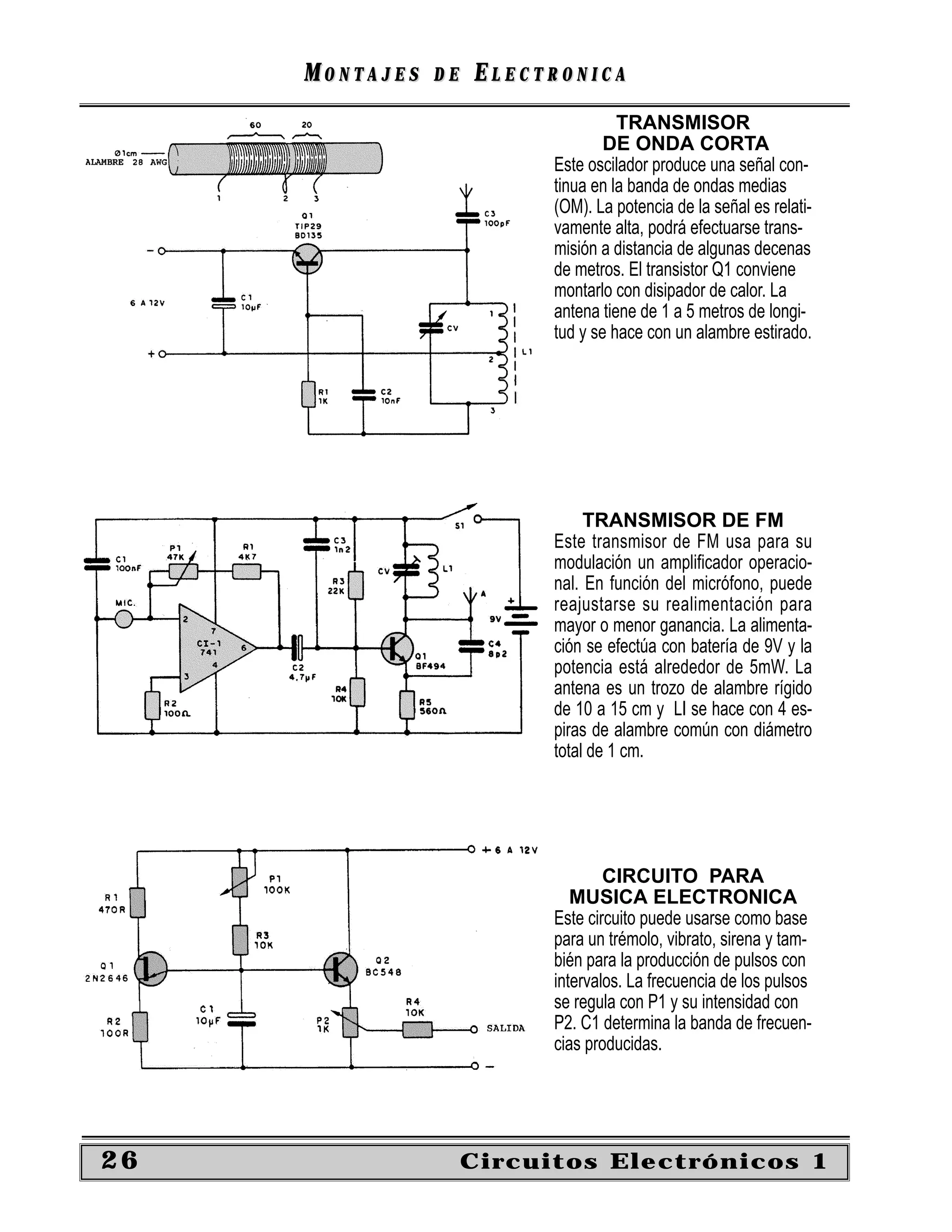 MONTAJES   DE   ELECTRONICA
                                     TRANSMISOR
                                   DE ONDA CORTA
                           Este oscilador produce una señal con-
                           tinua en la banda de ondas medias
                           (OM). La potencia de la señal es relati-
                           vamente alta, podrá efectuarse trans-
                           misión a distancia de algunas decenas
                           de metros. El transistor Q1 conviene
                           montarlo con disipador de calor. La
                           antena tiene de 1 a 5 metros de longi-
                           tud y se hace con un alambre estirado.




                                TRANSMISOR DE FM
                           Este transmisor de FM usa para su
                           modulación un amplificador operacio-
                           nal. En función del micrófono, puede
                           reajustarse su realimentación para
                           mayor o menor ganancia. La alimenta-
                           ción se efectúa con batería de 9V y la
                           potencia está alrededor de 5mW. La
                           antena es un trozo de alambre rígido
                           de 10 a 15 cm y LI se hace con 4 es-
                           piras de alambre común con diámetro
                           total de 1 cm.




                                   CIRCUITO PARA
                              MUSICA ELECTRONICA
                           Este circuito puede usarse como base
                           para un trémolo, vibrato, sirena y tam-
                           bién para la producción de pulsos con
                           intervalos. La frecuencia de los pulsos
                           se regula con P1 y su intensidad con
                           P2. C1 determina la banda de frecuen-
                           cias producidas.




26                   Circuitos Electrónicos 1
 