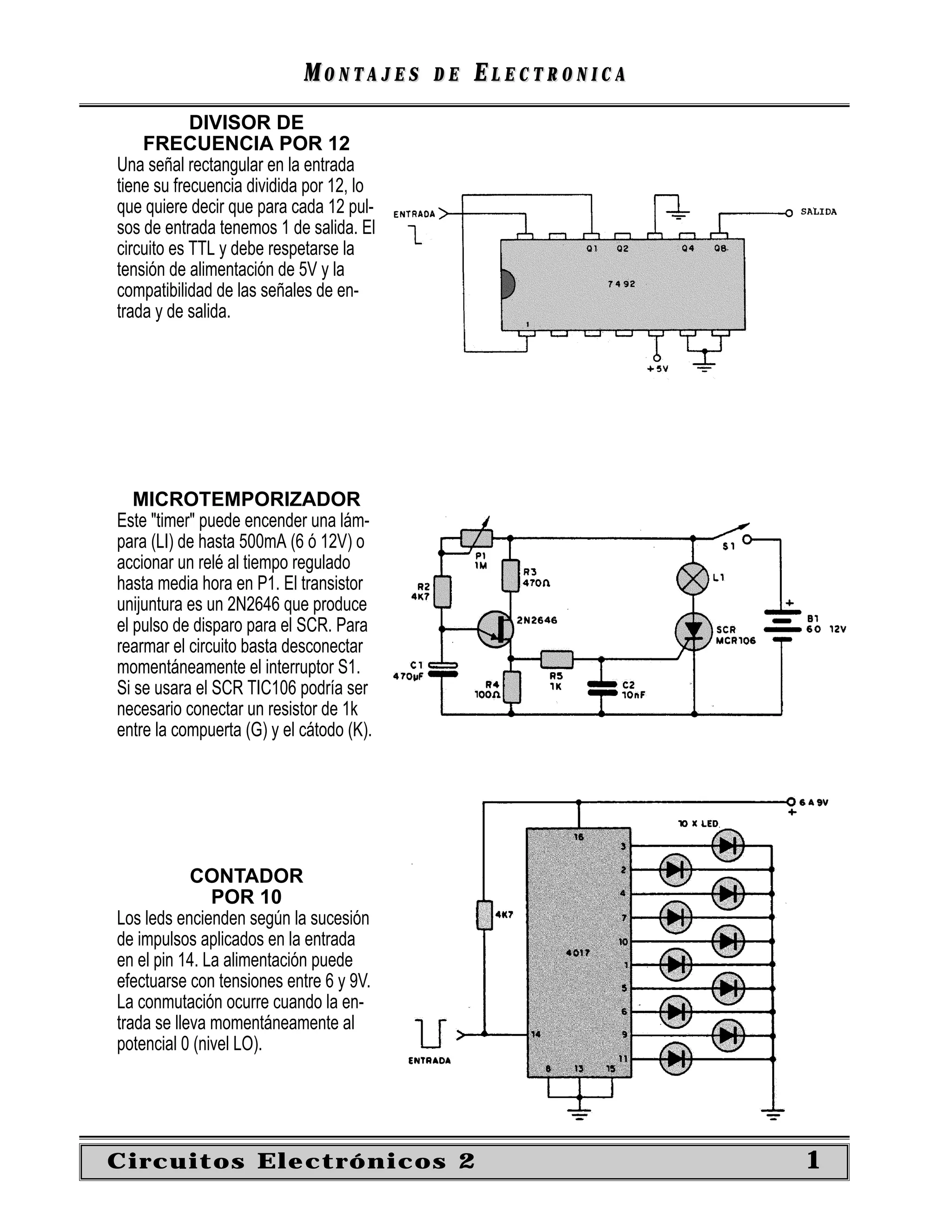 MONTAJES      DE   ELECTRONICA
            DIVISOR DE
    FRECUENCIA POR 12
Una señal rectangular en la entrada
tiene su frecuencia dividida por 12, lo
que quiere decir que para cada 12 pul-
sos de entrada tenemos 1 de salida. El
circuito es TTL y debe respetarse la
tensión de alimentación de 5V y la
compatibilidad de las señales de en-
trada y de salida.




   MICROTEMPORIZADOR
Este "timer" puede encender una lám-
para (LI) de hasta 500mA (6 ó 12V) o
accionar un relé al tiempo regulado
hasta media hora en P1. El transistor
unijuntura es un 2N2646 que produce
el pulso de disparo para el SCR. Para
rearmar el circuito basta desconectar
momentáneamente el interruptor S1.
Si se usara el SCR TIC106 podría ser
necesario conectar un resistor de 1k
entre la compuerta (G) y el cátodo (K).




            CONTADOR
               POR 10
Los leds encienden según la sucesión
de impulsos aplicados en la entrada
en el pin 14. La alimentación puede
efectuarse con tensiones entre 6 y 9V.
La conmutación ocurre cuando la en-
trada se lleva momentáneamente al
potencial 0 (nivel LO).




Circuitos Electrónicos 2                                     1
 