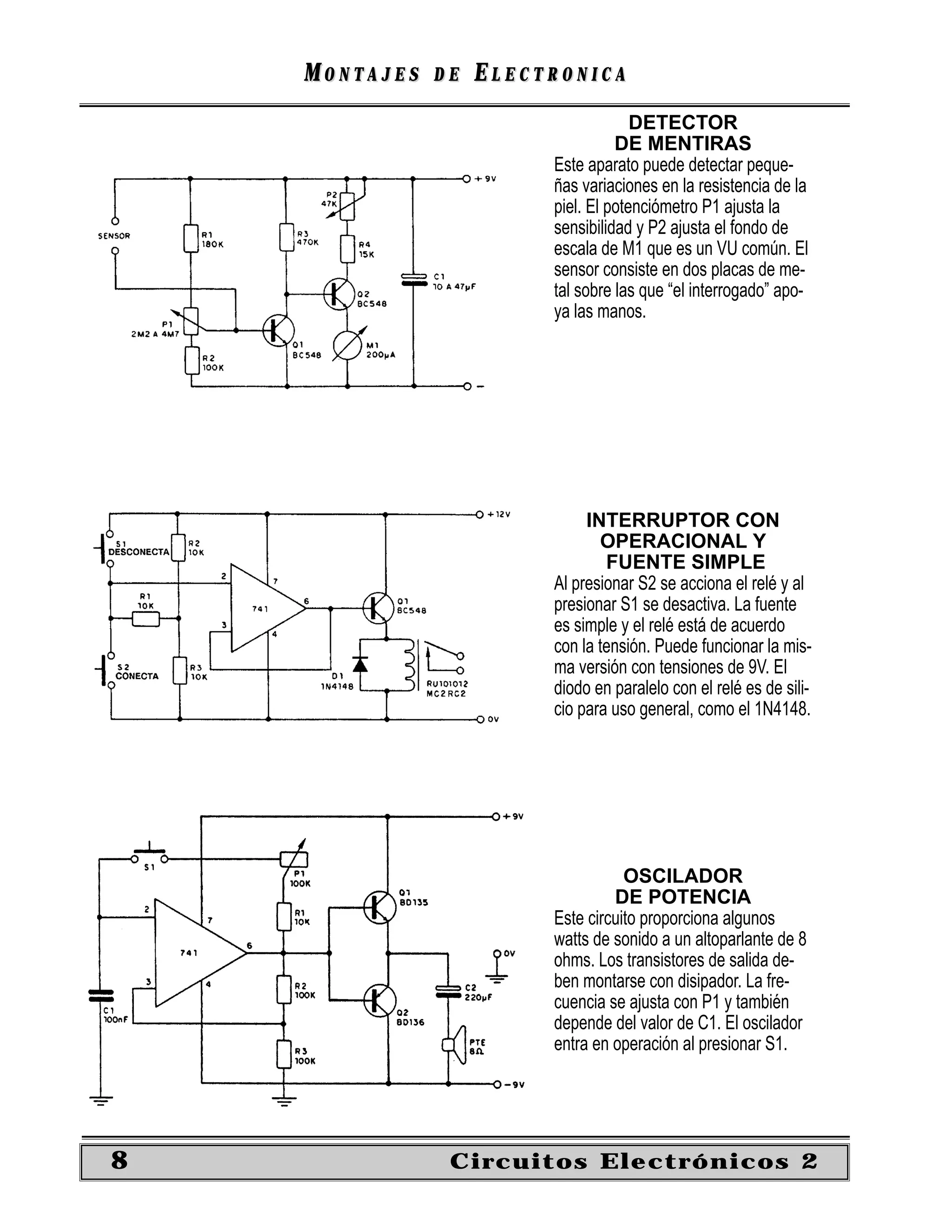 MONTAJES   DE   ELECTRONICA
                                      DETECTOR
                                   DE MENTIRAS
                         Este aparato puede detectar peque-
                         ñas variaciones en la resistencia de la
                         piel. El potenciómetro P1 ajusta la
                         sensibilidad y P2 ajusta el fondo de
                         escala de M1 que es un VU común. El
                         sensor consiste en dos placas de me-
                         tal sobre las que “el interrogado” apo-
                         ya las manos.




                              INTERRUPTOR CON
                                OPERACIONAL Y
                                 FUENTE SIMPLE
                         Al presionar S2 se acciona el relé y al
                         presionar S1 se desactiva. La fuente
                         es simple y el relé está de acuerdo
                         con la tensión. Puede funcionar la mis-
                         ma versión con tensiones de 9V. El
                         diodo en paralelo con el relé es de sili-
                         cio para uso general, como el 1N4148.




                                    OSCILADOR
                                  DE POTENCIA
                         Este circuito proporciona algunos
                         watts de sonido a un altoparlante de 8
                         ohms. Los transistores de salida de-
                         ben montarse con disipador. La fre-
                         cuencia se ajusta con P1 y también
                         depende del valor de C1. El oscilador
                         entra en operación al presionar S1.




8               Circuitos Electrónicos 2
 