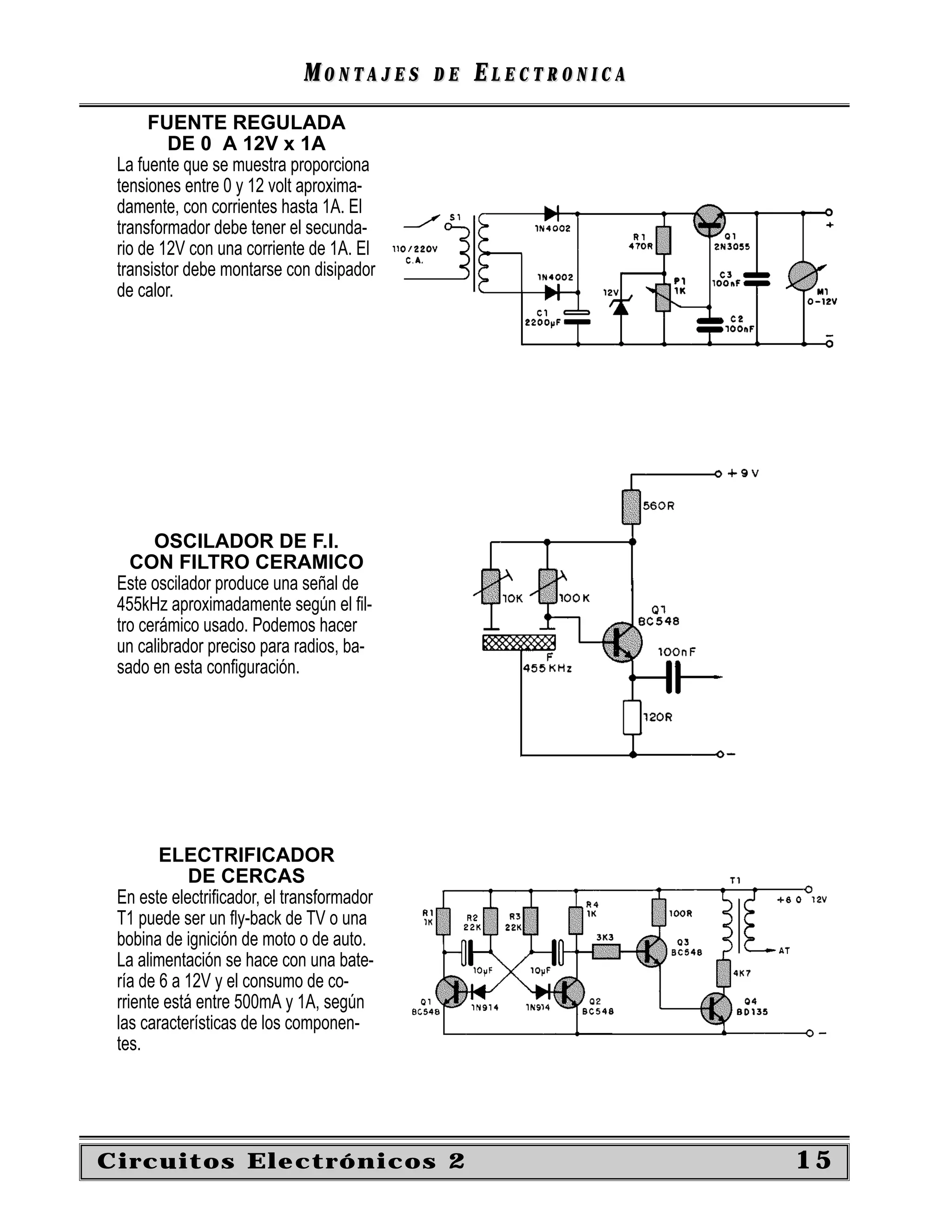 MONTAJES      DE   ELECTRONICA
      FUENTE REGULADA
         DE 0 A 12V x 1A
 La fuente que se muestra proporciona
 tensiones entre 0 y 12 volt aproxima-
 damente, con corrientes hasta 1A. El
 transformador debe tener el secunda-
 rio de 12V con una corriente de 1A. El
 transistor debe montarse con disipador
 de calor.




       OSCILADOR DE F.I.
   CON FILTRO CERAMICO
 Este oscilador produce una señal de
 455kHz aproximadamente según el ﬁl-
 tro cerámico usado. Podemos hacer
 un calibrador preciso para radios, ba-
 sado en esta conﬁguración.




        ELECTRIFICADOR
             DE CERCAS
 En este electriﬁcador, el transformador
 T1 puede ser un ﬂy-back de TV o una
 bobina de ignición de moto o de auto.
 La alimentación se hace con una bate-
 ría de 6 a 12V y el consumo de co-
 rriente está entre 500mA y 1A, según
 las características de los componen-
 tes.




Circuitos Electrónicos 2                                      15
 