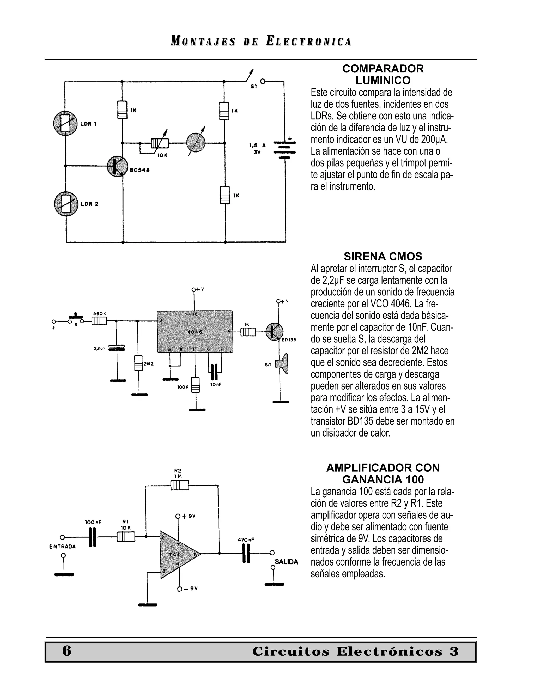 MONTAJES   DE   ELECTRONICA
                                   COMPARADOR
                                       LUMINICO
                         Este circuito compara la intensidad de
                         luz de dos fuentes, incidentes en dos
                         LDRs. Se obtiene con esto una indica-
                         ción de la diferencia de luz y el instru-
                         mento indicador es un VU de 200µA.
                         La alimentación se hace con una o
                         dos pilas pequeñas y el trimpot permi-
                         te ajustar el punto de ﬁn de escala pa-
                         ra el instrumento.




                                  SIRENA CMOS
                         Al apretar el interruptor S, el capacitor
                         de 2,2µF se carga lentamente con la
                         producción de un sonido de frecuencia
                         creciente por el VCO 4046. La fre-
                         cuencia del sonido está dada básica-
                         mente por el capacitor de 10nF. Cuan-
                         do se suelta S, la descarga del
                         capacitor por el resistor de 2M2 hace
                         que el sonido sea decreciente. Estos
                         componentes de carga y descarga
                         pueden ser alterados en sus valores
                         para modiﬁcar los efectos. La alimen-
                         tación +V se sitúa entre 3 a 15V y el
                         transistor BD135 debe ser montado en
                         un disipador de calor.


                             AMPLIFICADOR CON
                                  GANANCIA 100
                         La ganancia 100 está dada por la rela-
                         ción de valores entre R2 y R1. Este
                         ampliﬁcador opera con señales de au-
                         dio y debe ser alimentado con fuente
                         simétrica de 9V. Los capacitores de
                         entrada y salida deben ser dimensio-
                         nados conforme la frecuencia de las
                         señales empleadas.




6               Circuitos Electrónicos 3
 