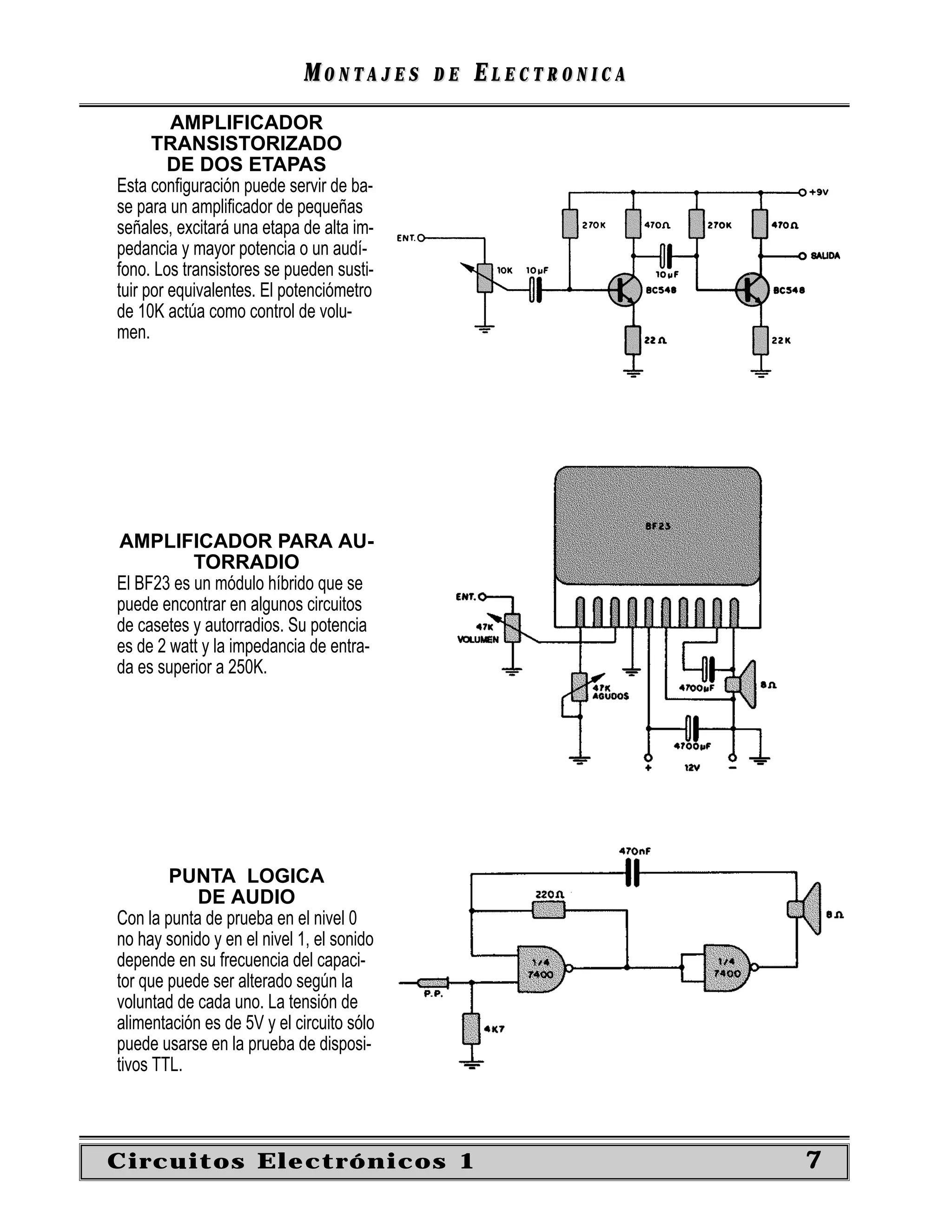 MONTAJES       DE   ELECTRONICA
         AMPLIFICADOR
      TRANSISTORIZADO
         DE DOS ETAPAS
Esta conﬁguración puede servir de ba-
se para un ampliﬁcador de pequeñas
señales, excitará una etapa de alta im-
pedancia y mayor potencia o un audí-
fono. Los transistores se pueden susti-
tuir por equivalentes. El potenciómetro
de 10K actúa como control de volu-
men.




AMPLIFICADOR PARA AU-
           TORRADIO
El BF23 es un módulo híbrido que se
puede encontrar en algunos circuitos
de casetes y autorradios. Su potencia
es de 2 watt y la impedancia de entra-
da es superior a 250K.




        PUNTA LOGICA
            DE AUDIO
Con la punta de prueba en el nivel 0
no hay sonido y en el nivel 1, el sonido
depende en su frecuencia del capaci-
tor que puede ser alterado según la
voluntad de cada uno. La tensión de
alimentación es de 5V y el circuito sólo
puede usarse en la prueba de disposi-
tivos TTL.



Circuitos Electrónicos 1                                      7
 