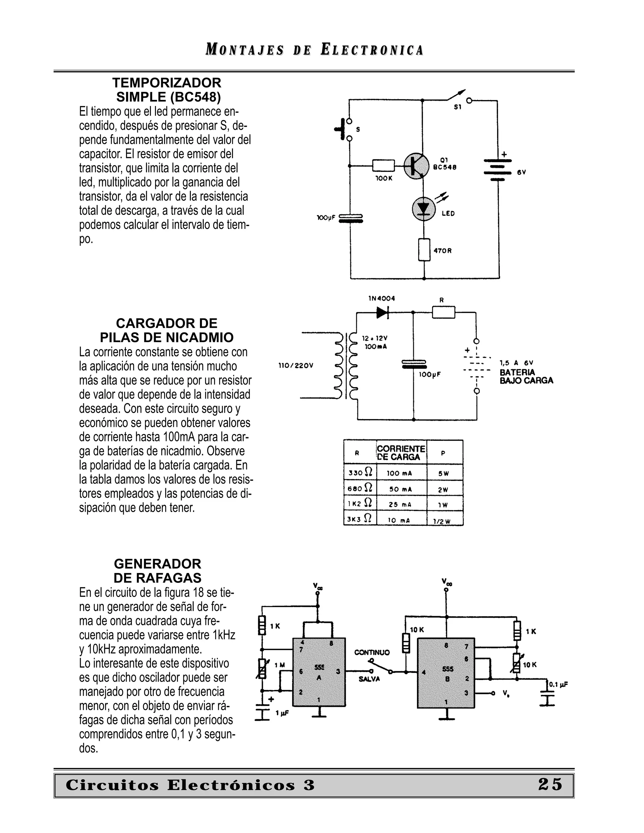 MONTAJES      DE   ELECTRONICA
         TEMPORIZADOR
          SIMPLE (BC548)
 El tiempo que el led permanece en-
 cendido, después de presionar S, de-
 pende fundamentalmente del valor del
 capacitor. El resistor de emisor del
 transistor, que limita la corriente del
 led, multiplicado por la ganancia del
 transistor, da el valor de la resistencia
 total de descarga, a través de la cual
 podemos calcular el intervalo de tiem-
 po.




          CARGADOR DE
      PILAS DE NICADMIO
 La corriente constante se obtiene con
 la aplicación de una tensión mucho
 más alta que se reduce por un resistor
 de valor que depende de la intensidad
 deseada. Con este circuito seguro y
 económico se pueden obtener valores
 de corriente hasta 100mA para la car-
 ga de baterías de nicadmio. Observe
 la polaridad de la batería cargada. En
 la tabla damos los valores de los resis-
 tores empleados y las potencias de di-
 sipación que deben tener.



         GENERADOR
         DE RAFAGAS
 En el circuito de la ﬁgura 18 se tie-
 ne un generador de señal de for-
 ma de onda cuadrada cuya fre-
 cuencia puede variarse entre 1kHz
 y 10kHz aproximadamente.
 Lo interesante de este dispositivo
 es que dicho oscilador puede ser
 manejado por otro de frecuencia
 menor, con el objeto de enviar rá-
 fagas de dicha señal con períodos
 comprendidos entre 0,1 y 3 segun-
 dos.

Circuitos Electrónicos 3                                        25
 