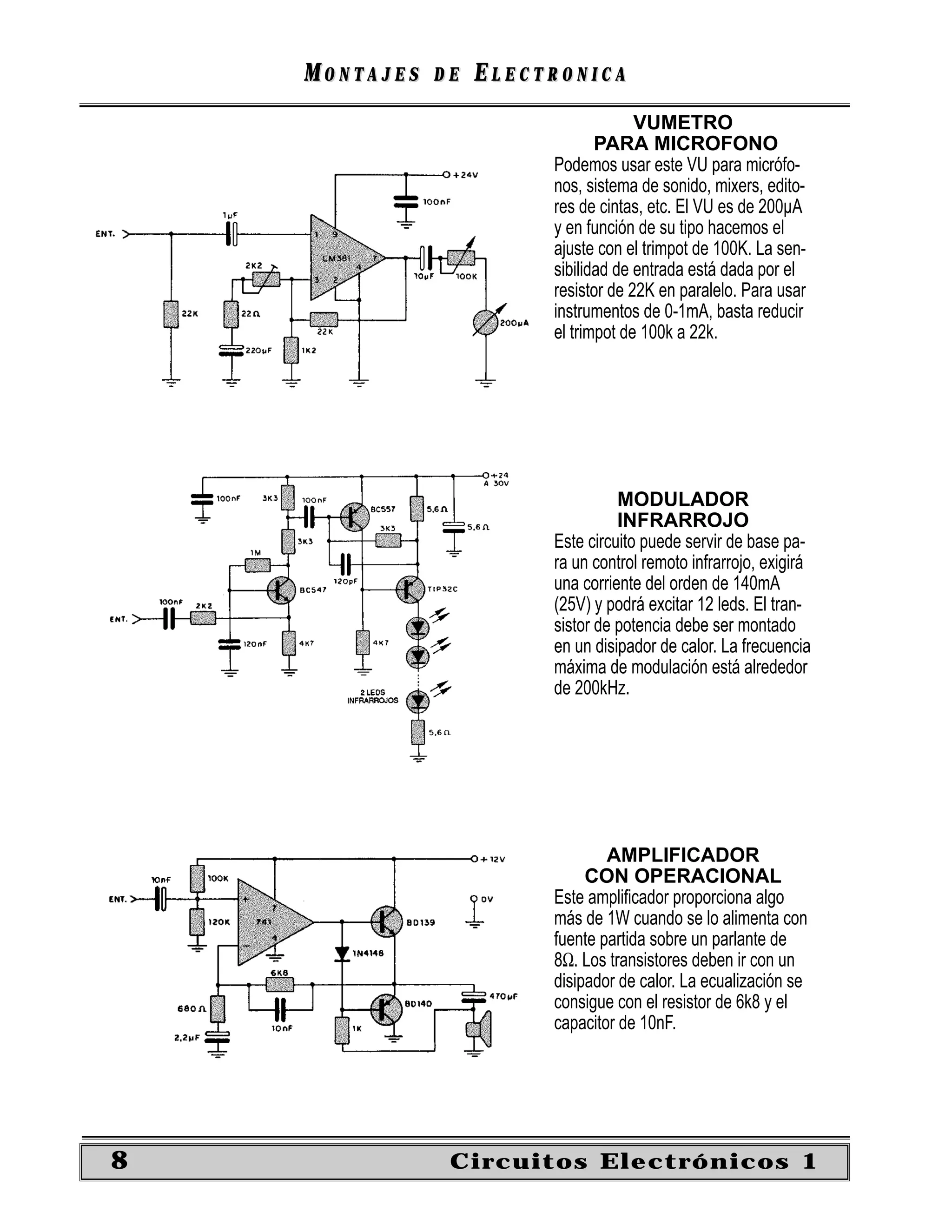 MONTAJES   DE   ELECTRONICA
                                      VUMETRO
                                PARA MICROFONO
                         Podemos usar este VU para micrófo-
                         nos, sistema de sonido, mixers, edito-
                         res de cintas, etc. El VU es de 200µA
                         y en función de su tipo hacemos el
                         ajuste con el trimpot de 100K. La sen-
                         sibilidad de entrada está dada por el
                         resistor de 22K en paralelo. Para usar
                         instrumentos de 0-1mA, basta reducir
                         el trimpot de 100k a 22k.




                                   MODULADOR
                                   INFRARROJO
                         Este circuito puede servir de base pa-
                         ra un control remoto infrarrojo, exigirá
                         una corriente del orden de 140mA
                         (25V) y podrá excitar 12 leds. El tran-
                         sistor de potencia debe ser montado
                         en un disipador de calor. La frecuencia
                         máxima de modulación está alrededor
                         de 200kHz.




                                 AMPLIFICADOR
                              CON OPERACIONAL
                         Este ampliﬁcador proporciona algo
                         más de 1W cuando se lo alimenta con
                         fuente partida sobre un parlante de
                         8Ω. Los transistores deben ir con un
                         disipador de calor. La ecualización se
                         consigue con el resistor de 6k8 y el
                         capacitor de 10nF.




8               Circuitos Electrónicos 1
 