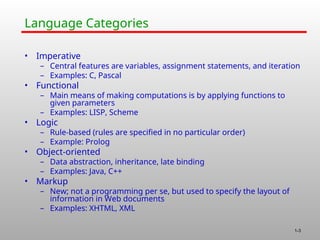 1-3
Language Categories
• Imperative
– Central features are variables, assignment statements, and iteration
– Examples: C, Pascal
• Functional
– Main means of making computations is by applying functions to
given parameters
– Examples: LISP, Scheme
• Logic
– Rule-based (rules are specified in no particular order)
– Example: Prolog
• Object-oriented
– Data abstraction, inheritance, late binding
– Examples: Java, C++
• Markup
– New; not a programming per se, but used to specify the layout of
information in Web documents
– Examples: XHTML, XML
 