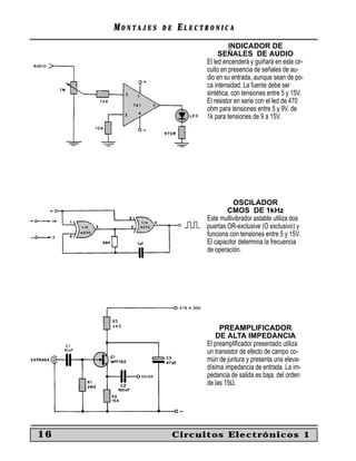 MONTAJES   DE   ELECTRONICA
                                    INDICADOR DE
                                SEÑALES DE AUDIO
                           El led encenderá y guiñará en este cir-
                           cuito en presencia de señales de au-
                           dio en su entrada, aunque sean de po-
                           ca intensidad. La fuente debe ser
                           sintética, con tensiones entre 5 y 15V.
                           El resistor en serie con el led de 470
                           ohm para tensiones entre 5 y 9V, de
                           1k para tensiones de 9 a 15V.




                                      OSCILADOR
                                   CMOS DE 1kHz
                           Este multivibrador astable utiliza dos
                           puertas OR-exclusive (O exclusivo) y
                           funciona con tensiones entre 5 y 15V.
                           El capacitor determina la frecuencia
                           de operación.




                                PREAMPLIFICADOR
                              DE ALTA IMPEDANCIA
                           El preampliﬁcador presentado utiliza
                           un transistor de efecto de campo co-
                           mún de juntura y presenta una eleva-
                           dísima impedancia de entrada. La im-
                           pedancia de salida es baja, del orden
                           de las 15Ω.




16                   Circuitos Electrónicos 1
 