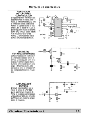MONTAJES      DE   ELECTRONICA
            GENERADOR
          DE FUNCIONES
         CON INTEGRADO
 El capacitor de 10nF determina la ban-
 da de frecuencia, en el caso, entre 1 y
 10kHz. El potenciómetro de 2M2, para
 el control de la banda, puede ser co-
 nectado en lugar del resistor de 100k
 en serie, con un resistor de 1k. Los ca-
 pacitores pueden situarse en la banda
 de 1nF a 1µF, en cuyo caso la cobertu-
 ra de frecuencias va de 10Hz a
 100kHz. La alimentación del circuito
 se hace con una tensión de 12 volt.




            VOLTIMETRO
   CON INDICACION SONORA
 La frecuencia de sonido producido en
 el parlante depende de la tensión de
 entrada. El circuito puede servir de ba-
 se para un voltímetro o para otro ins-
 trumento, con indicación sonora para
 ciegos o deﬁcientes visuales. Otra
 aplicación es como un simple converti-
 dor analógico digital (tensión-frecuen-
 cia).




          AMPLIFICADOR
               DE VIDEO
 El circuito presentado tiene una ga-
 nancia de tensión de 5,7 (915dB) y
 puede operar en una frecuencia de
 4MHz. Se puede conectar en paralelo
 un capacitor de 120pF, con el resistor
 de 470 ohm, para mejorar la compen-
 sación de frecuencia.




Circuitos Electrónicos 1                                       19
 