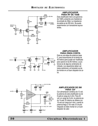 MONTAJES   DE   ELECTRONICA
                                   AMPLIFICADOR
                                  PARA RF DE 10dB
                           Este ampliﬁcador tiene una ganancia
                           de 10dB y presenta una impedancia
                           de entrada de 30kΩ. La impedancia
                           de salida es de 200 ohm. Se puede
                           experimentar con transistores equiva-
                           lentes.




                                   AMPLIFICADOR
                                PARA ONDA CORTA
                           Esta es una etapa de potencia clase
                           C, para transmisores en la banda de
                           40 metros (pero puede ser modiﬁcado
                           para operar en los 80 metros). La po-
                           tencia es de algunos centenares de
                           miliwats. Los capacitores deben ser
                           todos cerámicos y el transistor se de-
                           be montar en un buen disipador de ca-
                           lor.




                              AMPLIFICADOR DE 8W
                                        PARA 12V
                           Con alimentación simétrica de 12 volt,
                           la potencia de este ampliﬁcador es de
                           8 watt en carga de 4 ohm. Para 20
                           volt, en carga de 8 ohm, la potencia es
                           de 14 watt. El máximo se obtiene con
                           18 volt con carga de 4 ohm, cuando la
                           potencia llega a 19,4 watt. El circuito
                           integrado se debe montar en un buen
                           disipador de calor.



20                   Circuitos Electrónicos 1
 