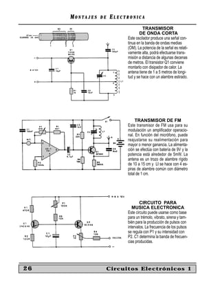 MONTAJES   DE   ELECTRONICA
                                     TRANSMISOR
                                   DE ONDA CORTA
                           Este oscilador produce una señal con-
                           tinua en la banda de ondas medias
                           (OM). La potencia de la señal es relati-
                           vamente alta, podrá efectuarse trans-
                           misión a distancia de algunas decenas
                           de metros. El transistor Q1 conviene
                           montarlo con disipador de calor. La
                           antena tiene de 1 a 5 metros de longi-
                           tud y se hace con un alambre estirado.




                                TRANSMISOR DE FM
                           Este transmisor de FM usa para su
                           modulación un amplificador operacio-
                           nal. En función del micrófono, puede
                           reajustarse su realimentación para
                           mayor o menor ganancia. La alimenta-
                           ción se efectúa con batería de 9V y la
                           potencia está alrededor de 5mW. La
                           antena es un trozo de alambre rígido
                           de 10 a 15 cm y LI se hace con 4 es-
                           piras de alambre común con diámetro
                           total de 1 cm.




                                   CIRCUITO PARA
                              MUSICA ELECTRONICA
                           Este circuito puede usarse como base
                           para un trémolo, vibrato, sirena y tam-
                           bién para la producción de pulsos con
                           intervalos. La frecuencia de los pulsos
                           se regula con P1 y su intensidad con
                           P2. C1 determina la banda de frecuen-
                           cias producidas.




26                   Circuitos Electrónicos 1
 