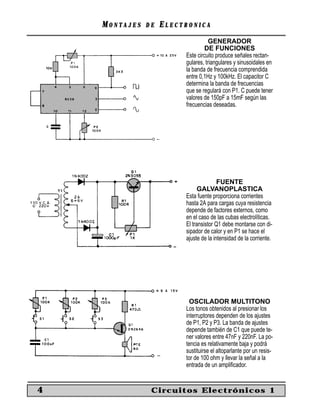 MONTAJES   DE   ELECTRONICA
                                    GENERADOR
                                  DE FUNCIONES
                         Este circuito produce señales rectan-
                         gulares, triangulares y sinusoidales en
                         la banda de frecuencia comprendida
                         entre 0,1Hz y 100kHz. El capacitor C
                         determina la banda de frecuencias
                         que se regulará con P1. C puede tener
                         valores de 150pF a 15mF según las
                         frecuencias deseadas.




                                        FUENTE
                               GALVANOPLASTICA
                         Esta fuente proporciona corrientes
                         hasta 2A para cargas cuya resistencia
                         depende de factores externos, como
                         en el caso de las cubas electrolíticas.
                         El transistor Q1 debe montarse con di-
                         sipador de calor y en P1 se hace el
                         ajuste de la intensidad de la corriente.




                           OSCILADOR MULTITONO
                         Los tonos obtenidos al presionar los
                         interruptores dependen de los ajustes
                         de P1, P2 y P3. La banda de ajustes
                         depende también de C1 que puede te-
                         ner valores entre 47nF y 220nF. La po-
                         tencia es relativamente baja y podrá
                         sustituirse el altoparlante por un resis-
                         tor de 100 ohm y llevar la señal a la
                         entrada de un ampliﬁcador.


4               Circuitos Electrónicos 1
 