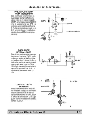 MONTAJES       DE   ELECTRONICA
      PREAMPLIFICADOR
       PARA MICROFONO
 Este ampliﬁcador para micrófono es
 sugerido por la empresa National y
 usa la mitad de un circuito integrado
 LM387, con una ganancia de 52dB. El
 nivel de ruido es menor que -67dB y la
 distorsión armónica total es inferior a
 0,1%. La sensibilidad de entrada es de
 2mV para micrófonos o transductores
 de otros tipos de 200 ohm aproxima-
 damente.




             OSCILADOR
          BITONAL CMOS
 Este circuito produce oscilaciones rec-
 tangulares a intervalos. El 4011 oscila
 cuando por acción del 4069 (modula-
 dor) se lleva el pin 5 al nivel LO. Por lo
 tanto la frecuencia de modulación está
 determinada por el capacitor C1 de
 220 nF y la frecuencia de las oscilacio-
 nes por el capacitor C2 de 10 nF. La
 alimentación puede estar entre 5 y
 15V.




        LLAVE AL TACTO
             SENSIBLE
 El toque simultáneo de los dedos en
 los electrodos hace que se encienda la
 lámpara. La lámpara es de 9 ó 12V
 con corriente máxima de 60mA, según
 la tensión de alimentación. En su lugar
 puede usarse un relé sensible para 6V,
 como el MC2RC1.




Circuitos Electrónicos 2                                         19
 