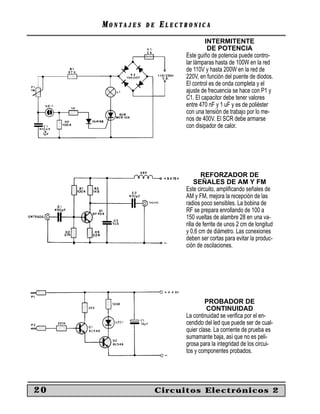 MONTAJES   DE   ELECTRONICA
                                    INTERMITENTE
                                     DE POTENCIA
                           Este guiño de potencia puede contro-
                           lar lámparas hasta de 100W en la red
                           de 110V y hasta 200W en la red de
                           220V, en función del puente de diodos.
                           El control es de onda completa y el
                           ajuste de frecuencia se hace con P1 y
                           C1. El capacitor debe tener valores
                           entre 470 nF y 1 uF y es de poliéster
                           con una tensión de trabajo por lo me-
                           nos de 400V. El SCR debe armarse
                           con disipador de calor.




                                   REFORZADOR DE
                                SEÑALES DE AM Y FM
                           Este circuito, ampliﬁcando señales de
                           AM y FM, mejora la recepción de las
                           radios poco sensibles. La bobina de
                           RF se prepara enrollando de 100 a
                           150 vueltas de alambre 28 en una va-
                           rilla de ferrite de unos 2 cm de longitud
                           y 0,6 cm de diámetro. Las conexiones
                           deben ser cortas para evitar la produc-
                           ción de oscilaciones.




                                    PROBADOR DE
                                    CONTINUIDAD
                           La continuidad se veriﬁca por el en-
                           cendido del led que puede ser de cual-
                           quier clase. La corriente de prueba es
                           sumamante baja, así que no es peli-
                           grosa para la integridad de los circui-
                           tos y componentes probados.




20                   Circuitos Electrónicos 2
 