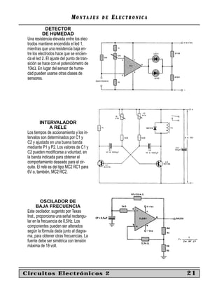 MONTAJES       DE   ELECTRONICA
              DETECTOR
            DE HUMEDAD
 Una resistencia elevada entre los elec-
 trodos mantiene encendido el led 1,
 mientras que una resistencia baja en-
 tre los electrodos hace que se encien-
 da el led 2. El ajuste del punto de tran-
 sición se hace con el potenciómetro de
 10kΩ. En lugar del sensor de hume-
 dad pueden usarse otras clases de
 sensores.




         INTERVALADOR
                 A RELE
 Los tiempos de accionamiento y los in-
 tervalos son determinados por C1 y
 C2 y ajustado en una buena banda
 mediante P1 y P2. Los valores de C1 y
 C2 pueden modiﬁcarse a voluntad, en
 la banda indicada para obtener el
 comportamiento deseado para el cir-
 cuito. El relé es del tipo MC2 RC1 para
 6V o, también, MC2 RC2.




          OSCILADOR DE
       BAJA FRECUENCIA
 Este oscilador, sugerido por Texas
 Inst., proporciona una señal rectangu-
 lar en la frecuencia de 0,5Hz. Los
 componentes pueden ser alterados
 según la fórmula dada junto al diagra-
 ma, para obtener otras frecuencias. La
 fuente debe ser simétrica con tensión
 máxima de 18 volt.




Circuitos Electrónicos 2                                        21
 