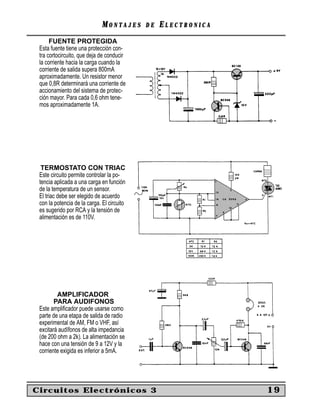 MONTAJES      DE   ELECTRONICA
      FUENTE PROTEGIDA
 Esta fuente tiene una protección con-
 tra cortocircuito, que deja de conducir
 la corriente hacia la carga cuando la
 corriente de salida supera 800mA
 aproximadamente. Un resistor menor
 que 0,8R determinará una corriente de
 accionamiento del sistema de protec-
 ción mayor. Para cada 0,6 ohm tene-
 mos aproximadamente 1A.




  TERMOSTATO CON TRIAC
 Este circuito permite controlar la po-
 tencia aplicada a una carga en función
 de la temperatura de un sensor.
 El triac debe ser elegido de acuerdo
 con la potencia de la carga. El circuito
 es sugerido por RCA y la tensión de
 alimentación es de 110V.




         AMPLIFICADOR
        PARA AUDIFONOS
 Este ampliﬁcador puede usarse como
 parte de una etapa de salida de radio
 experimental de AM, FM o VHF, así
 excitará audífonos de alta impedancia
 (de 200 ohm a 2k). La alimentación se
 hace con una tensión de 9 a 12V y la
 corriente exigida es inferior a 5mA.




Circuitos Electrónicos 3                                       19
 