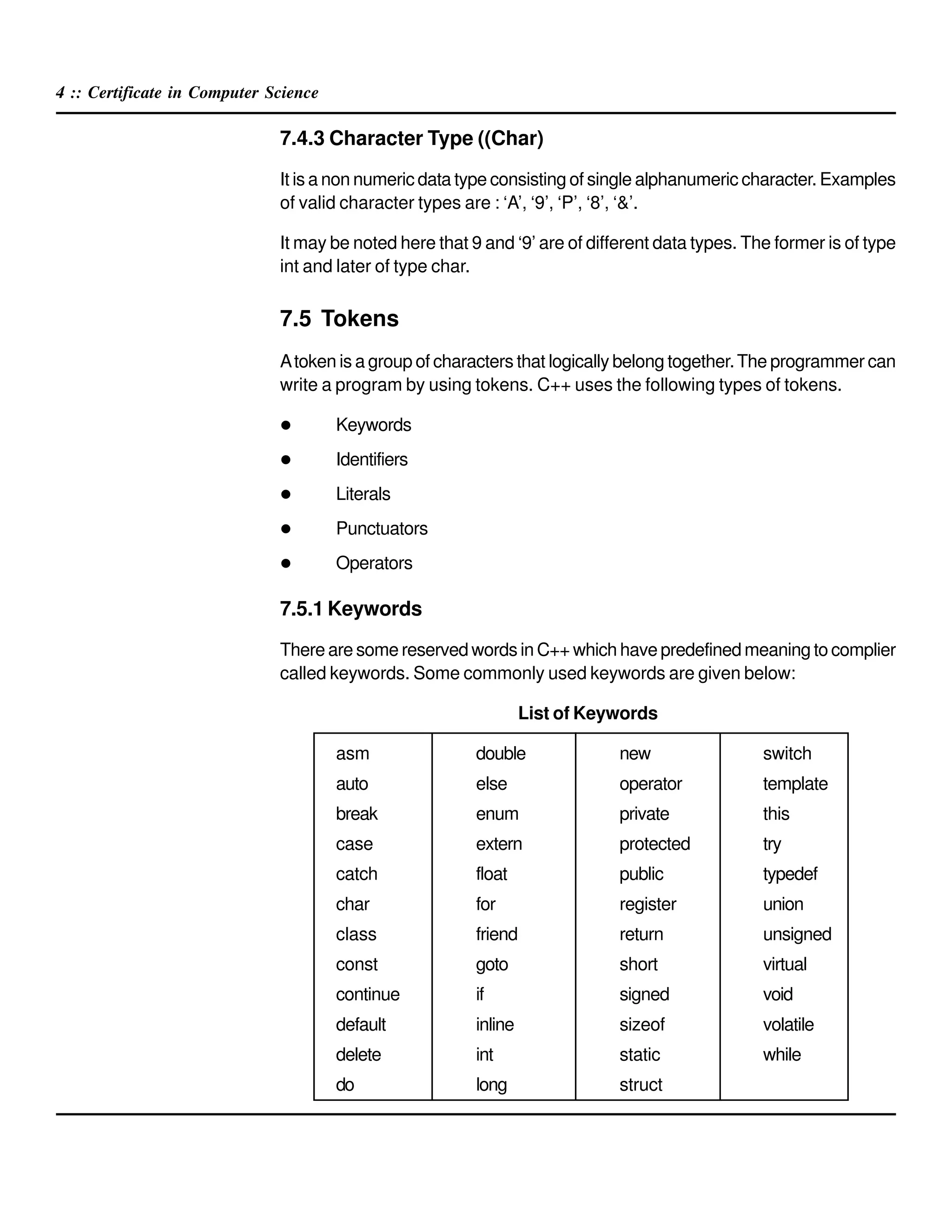 4 :: Certificate in Computer Science
7.4.3 Character Type ((Char)
It is a non numeric data type consisting of single alphanumeric character. Examples
of valid character types are : ‘A’, ‘9’, ‘P’, ‘8’, ‘&’.
It may be noted here that 9 and ‘9’ are of different data types. The former is of type
int and later of type char.
7.5 Tokens
Atoken is a group of characters that logically belong together.The programmer can
write a program by using tokens. C++ uses the following types of tokens.
Keywords
Identifiers
Literals
Punctuators
Operators
7.5.1 Keywords
There are some reserved words in C++ which have predefined meaning to complier
called keywords. Some commonly used keywords are given below:
List of Keywords
asm double new switch
auto else operator template
break enum private this
case extern protected try
catch float public typedef
char for register union
class friend return unsigned
const goto short virtual
continue if signed void
default inline sizeof volatile
delete int static while
do long struct
 