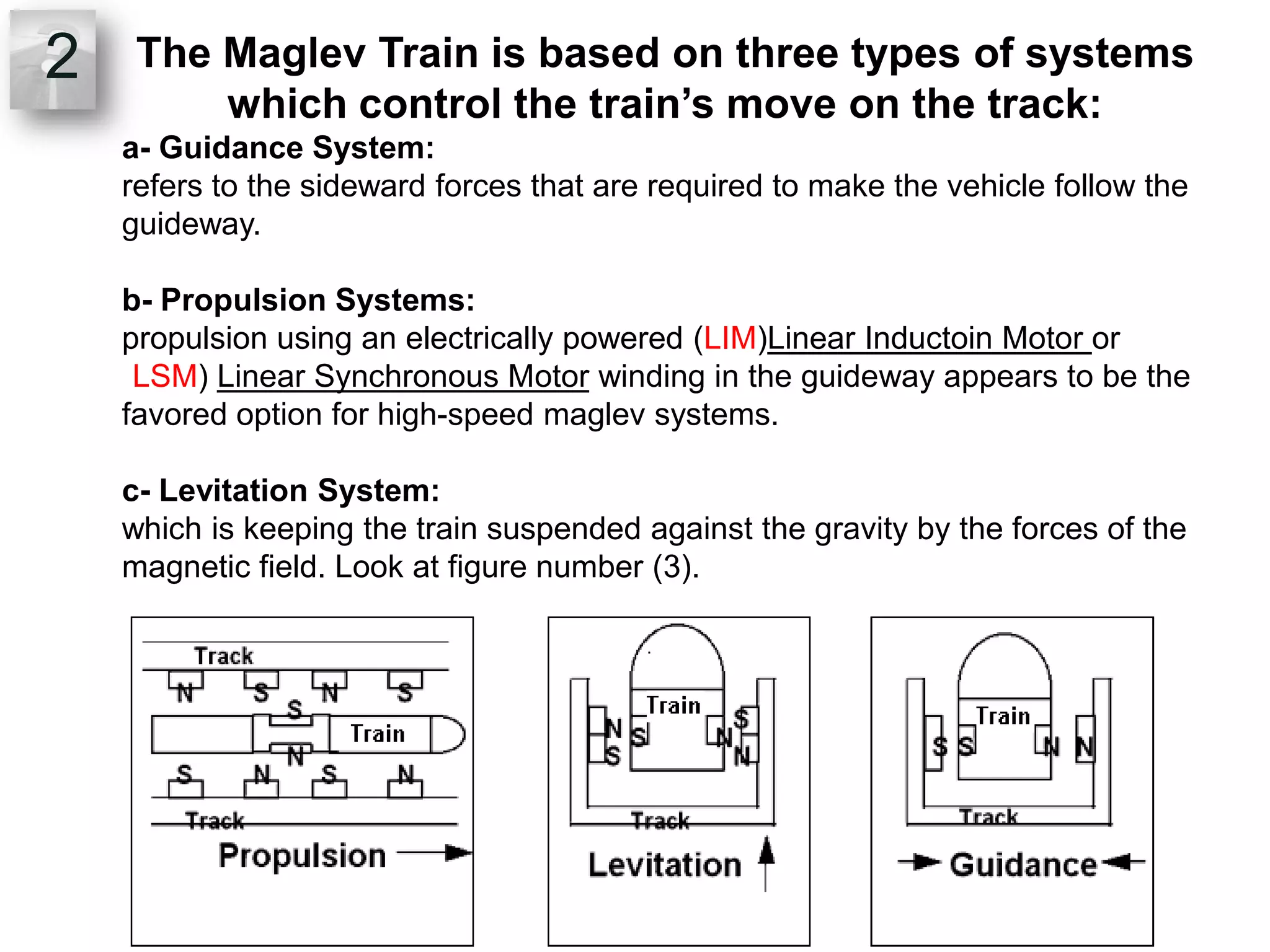 2The Maglev Train is based on three types of systems which control the train’s move on the track:a- Guidance System:refers to the sideward forces that are required to make the vehicle follow the guideway. b- Propulsion Systems:propulsion using an electrically powered (LIM)Linear Inductoin Motor or )LSM) Linear Synchronous Motor winding in the guideway appears to be the favored option for high-speed maglev systems. c- Levitation System: which is keeping the train suspended against the gravity by the forces of the magnetic field. Look at figure number (3).