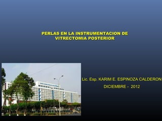 PERLAS EN LA INSTRUMENTACION DE
     VITRECTOMIA POSTERIOR




              Lic. Esp. KARIM E. ESPINOZA CALDERON
                       DICIEMBRE - 2012
 