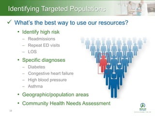 Heading – Ariel 40Identifying Targeted Populations
18
 What’s the best way to use our resources?
• Identify high risk
 Readmissions
 Repeat ED visits
 LOS
• Specific diagnoses
 Diabetes
 Congestive heart failure
 High blood pressure
 Asthma
• Geographic/population areas
• Community Health Needs Assessment
 