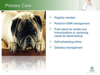 Heading – Ariel 40Primary Care
29
 Registry member
 Portal for EMR management
 Push alerts for recalls and
immunizations or upcoming
needs for blood testing
 Self-scheduling online
 Diabetes management
 