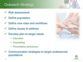 Heading – Ariel 40Outreach Strategy
36
 Risk assessment
 Define population
 Define new roles and workflows
 Define issues to address
 Develop plan to target needs
• Education
• Counseling
• Preventative clinics/care
 Communication strategies to target underserved
populations
 