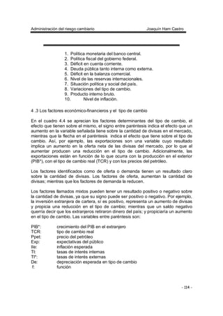 Administración del riesgo cambiario Joaquín Ham Castro
- 114 -
1. Política monetaria del banco central.
2. Política fiscal del gobierno federal.
3. Déficit en cuenta corriente.
4. Deuda pública tanto interna como externa.
5. Déficit en la balanza comercial.
6. Nivel de las reservas internacionales.
7. Situación política y social del país.
8. Variaciones del tipo de cambio.
9. Producto interno bruto.
10. Nivel de inflación.
4 .3 Los factores económico-financieros y el tipo de cambio
En el cuadro 4.4 se aprecian los factores determinantes del tipo de cambio, el
efecto que tienen sobre el mismo, el signo entre paréntesis indica el efecto que un
aumento en la variable señalada tiene sobre la cantidad de divisas en el mercado,
mientras que la flecha en el paréntesis indica el efecto que tiene sobre el tipo de
cambio. Así, por ejemplo, las exportaciones son una variable cuyo resultado
implica un aumento en la oferta neta de las divisas del mercado, por lo que al
aumentar producen una reducción en el tipo de cambio. Adicionalmente, las
exportaciones están en función de lo que ocurra con la producción en el exterior
(PIB*), con el tipo de cambio real (TCR) y con los precios del petróleo.
Los factores identificados como de oferta o demanda tienen un resultado claro
sobre la cantidad de divisas. Los factores de oferta, aumentan la cantidad de
divisas; mientras que los factores de demanda la reducen.
Los factores llamados mixtos pueden tener un resultado positivo o negativo sobre
la cantidad de divisas, ya que su signo puede ser positivo o negativo. Por ejemplo,
la inversión extranjera de cartera, sí es positivo, representa un aumento de divisas
y propicia una reducción en el tipo de cambio; mientras que un saldo negativo
querría decir que los extranjeros retiraron dinero del país; y propiciaría un aumento
en el tipo de cambio. Las variables entre paréntesis son:
PIB*: crecimiento del PIB en el extranjero
TCR: tipo de cambio real
Ppet: precio del petróleo
Exp: expectativas del público
IIe: inflación esperada
Tl: tasas de interés internas
Tl*: tasas de interés externas
De: depreciación esperada en tipo de cambio
f: función
 